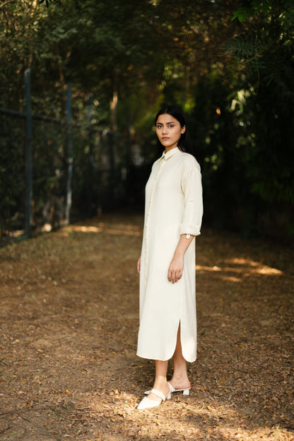 Cream White Merino Wool Dress Zinnia by Raas with Cream, Merino Wool, Midi Dresses, Regular Fit, Uru by Raas, Winter Wear, Woven at Kamakhyaa for sustainable fashion