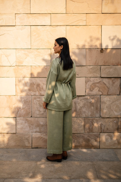 Sap Green Merino Wool Pansy Set by Raas with Green, Merino Wool, Regular Fit, Uru by Raas, Winter WearOffice Wear Co-ords, Woven at Kamakhyaa for sustainable fashion