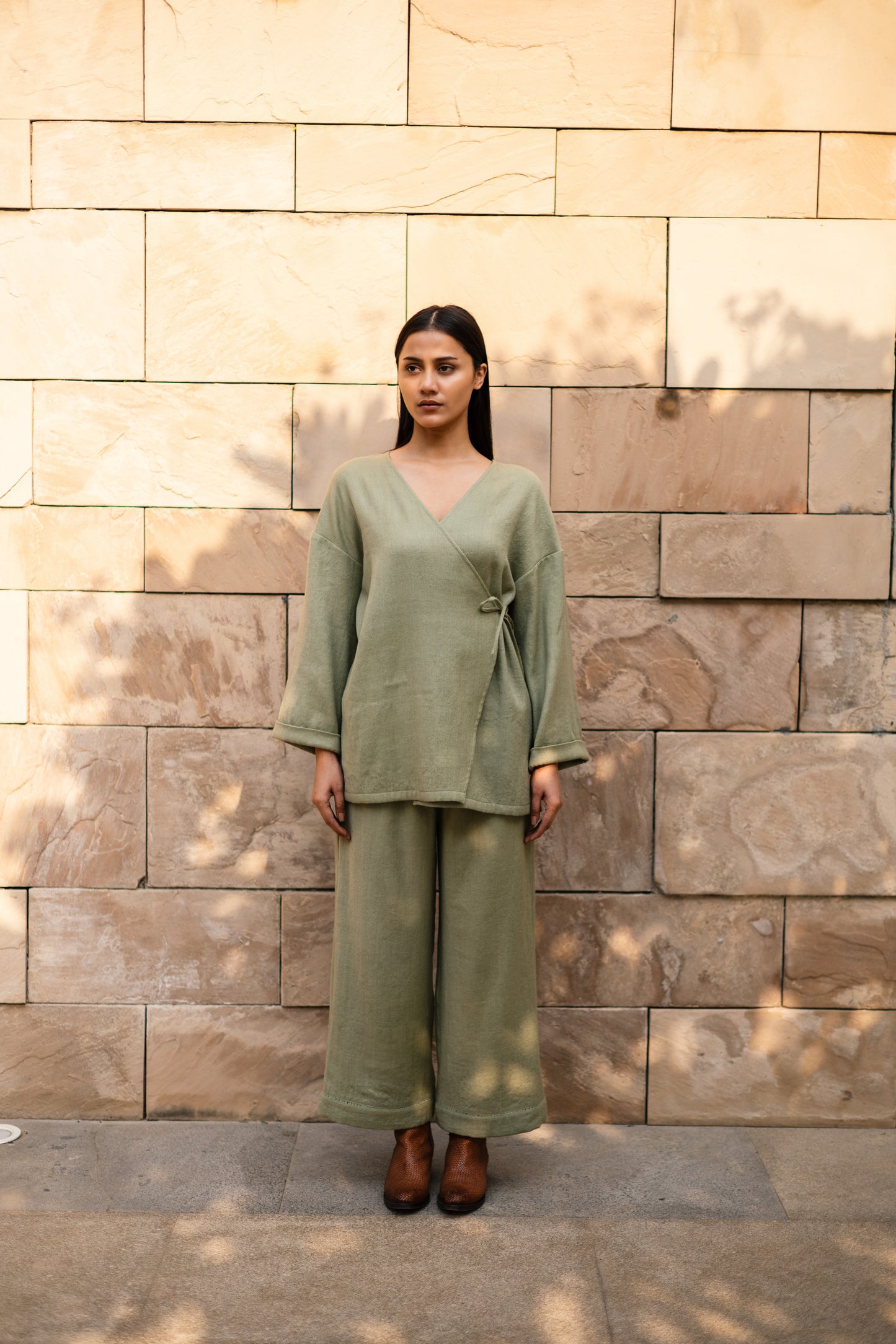 Sap Green Merino Wool Pansy Set by Raas with Green, Merino Wool, Regular Fit, Uru by Raas, Winter WearOffice Wear Co-ords, Woven at Kamakhyaa for sustainable fashion