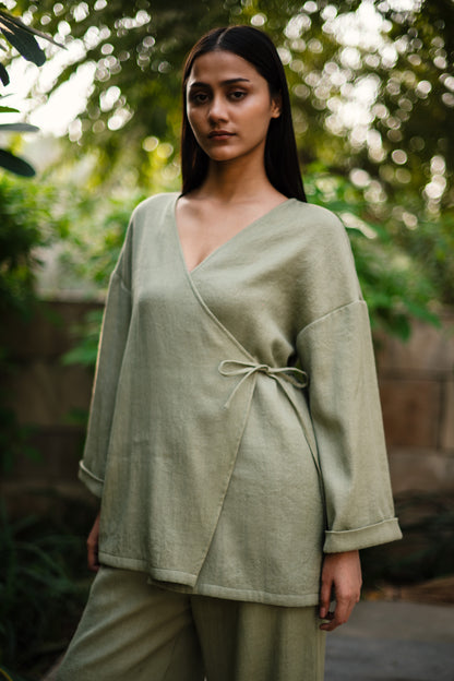 Sap Green Merino Wool Pansy Top by Raas with Green, Merino Wool, Regular Fit, Tunic Tops, Uru by Raas, Winter Wear, Woven at Kamakhyaa for sustainable fashion