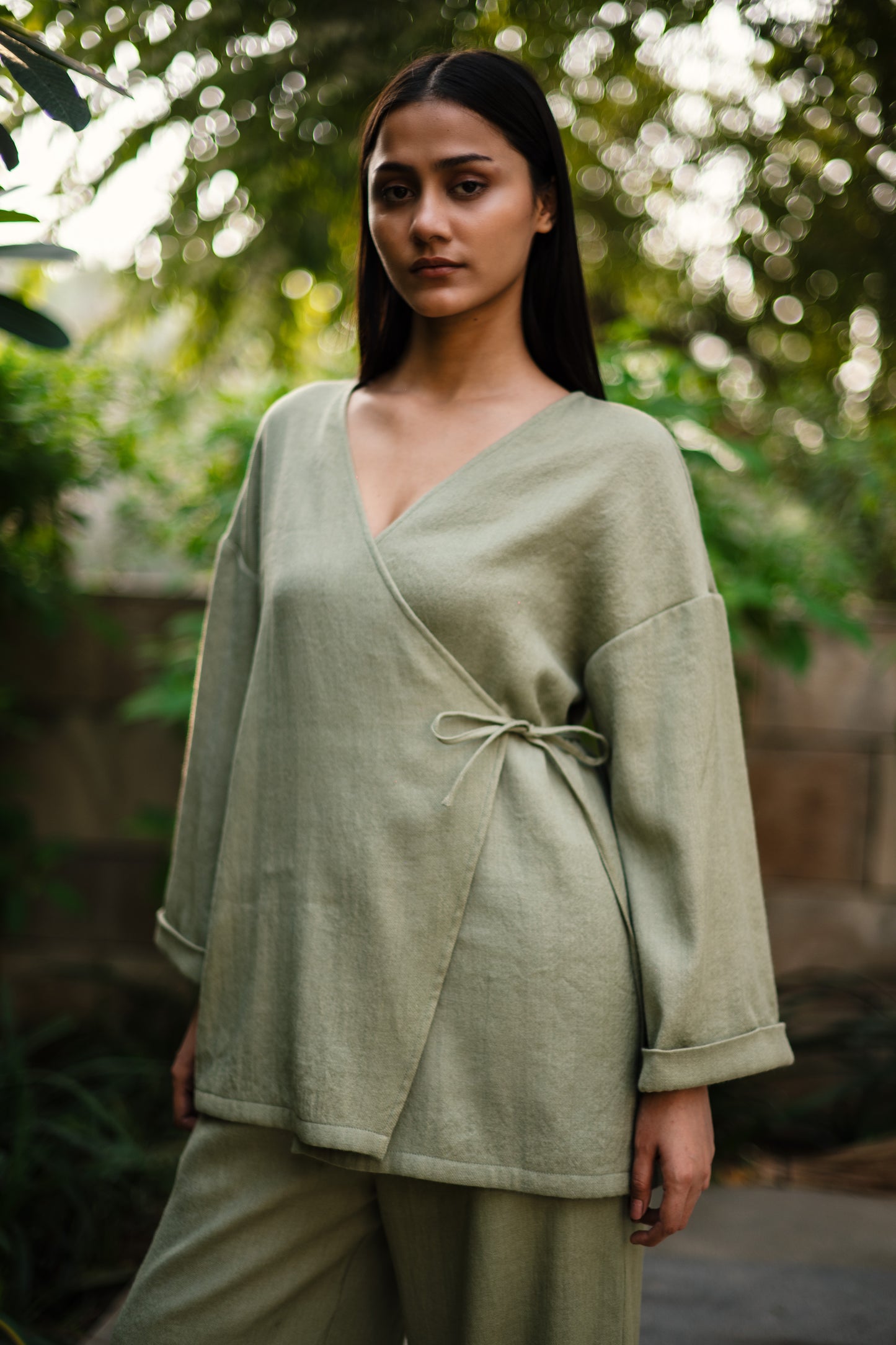 Sap Green Merino Wool Pansy Set by Raas with Green, Merino Wool, Regular Fit, Uru by Raas, Winter WearOffice Wear Co-ords, Woven at Kamakhyaa for sustainable fashion