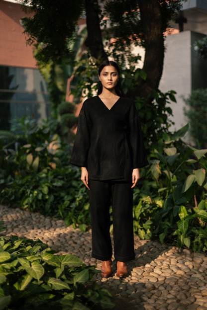 Black Merino Wool Pansy Set by Raas with Black, Merino Wool, Regular Fit, Uru by Raas, Winter WearOffice Wear Co-ords, Woven at Kamakhyaa for sustainable fashion