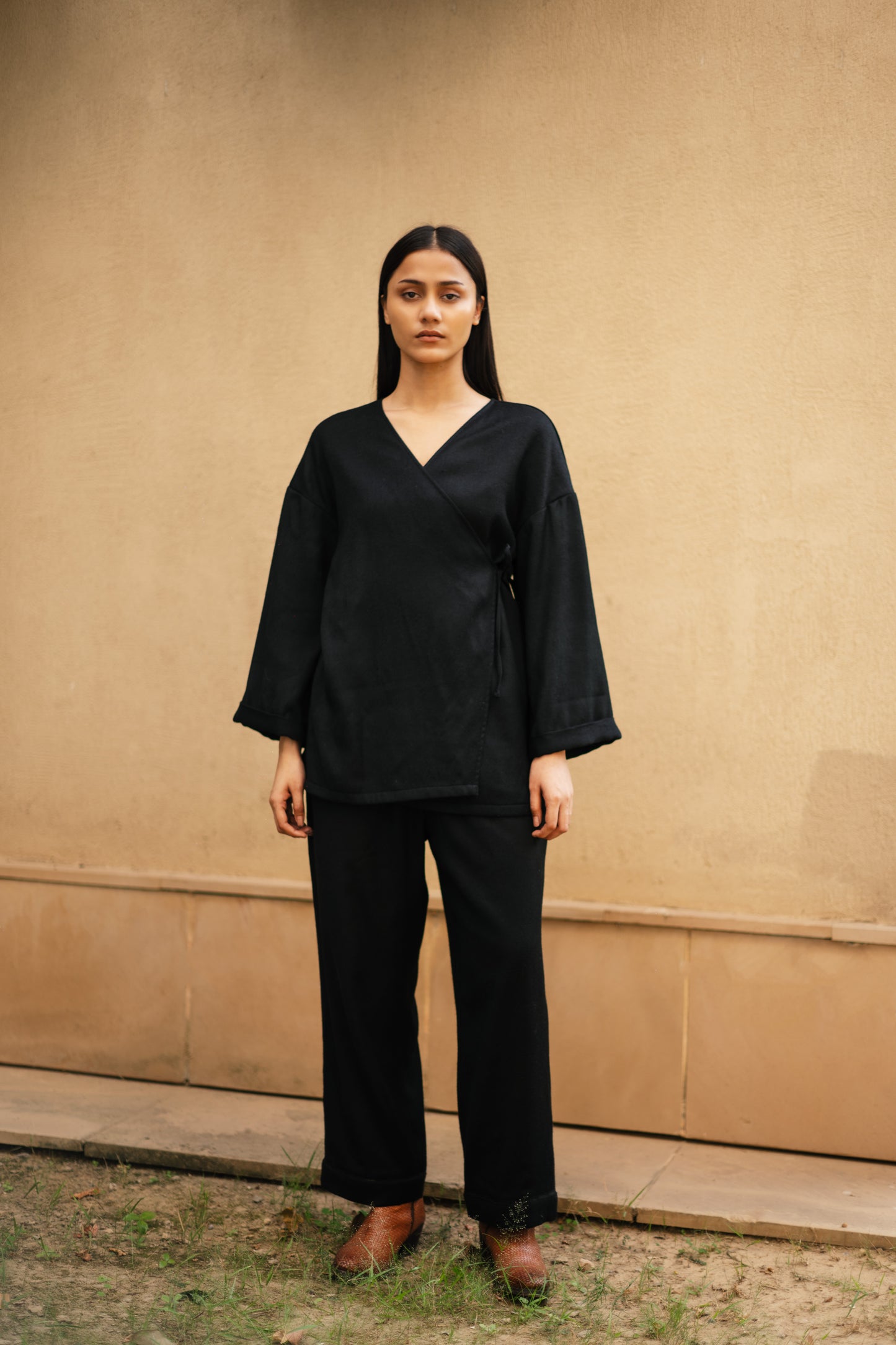 Black Merino Wool Pansy Set by Raas with Black, Merino Wool, Regular Fit, Uru by Raas, Winter WearOffice Wear Co-ords, Woven at Kamakhyaa for sustainable fashion