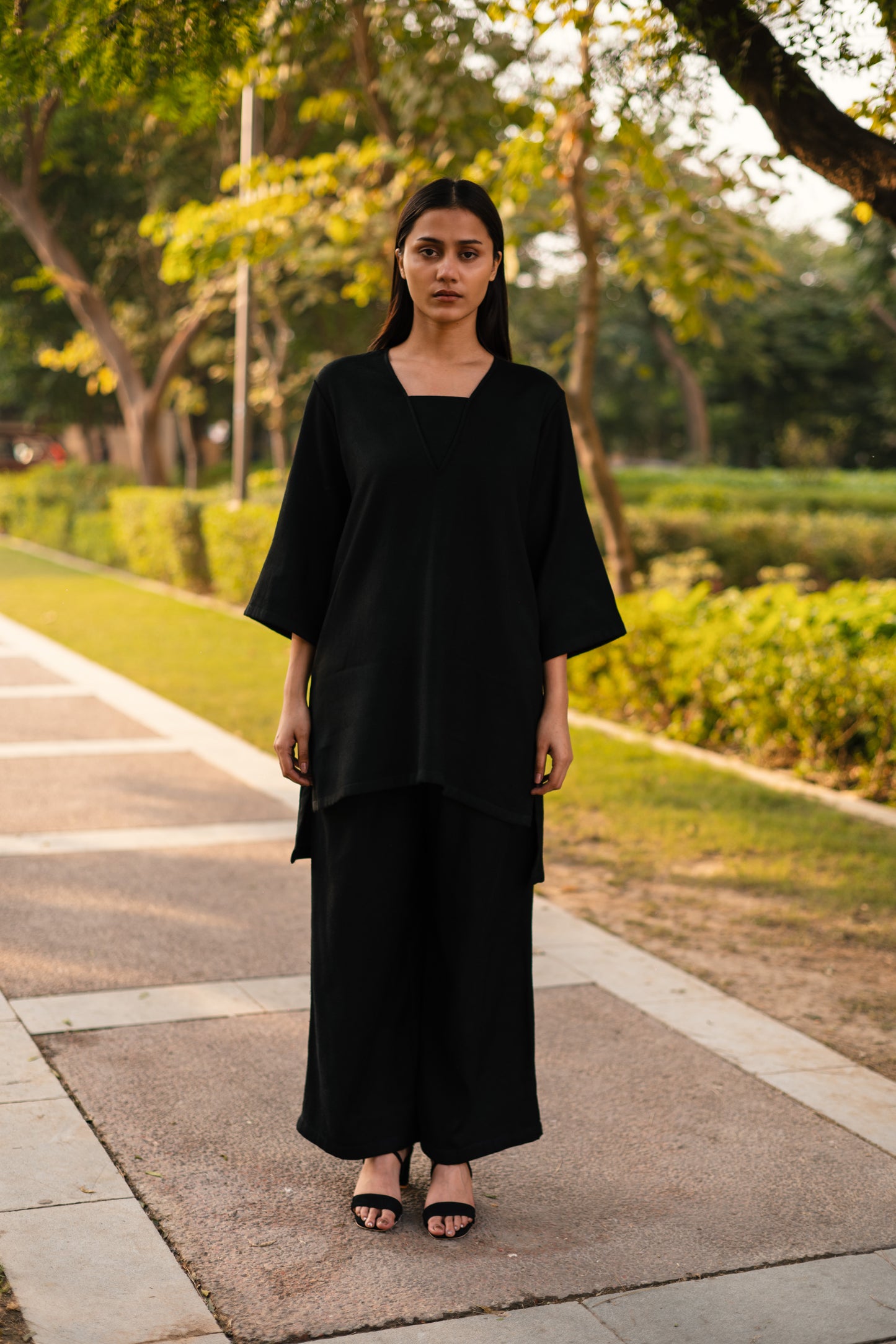 Black Merino Wool Dark Dimension Set by Raas with Black, Merino Wool, Regular Fit, Uru by Raas, Winter WearOffice Wear Co-ords, Woven at Kamakhyaa for sustainable fashion