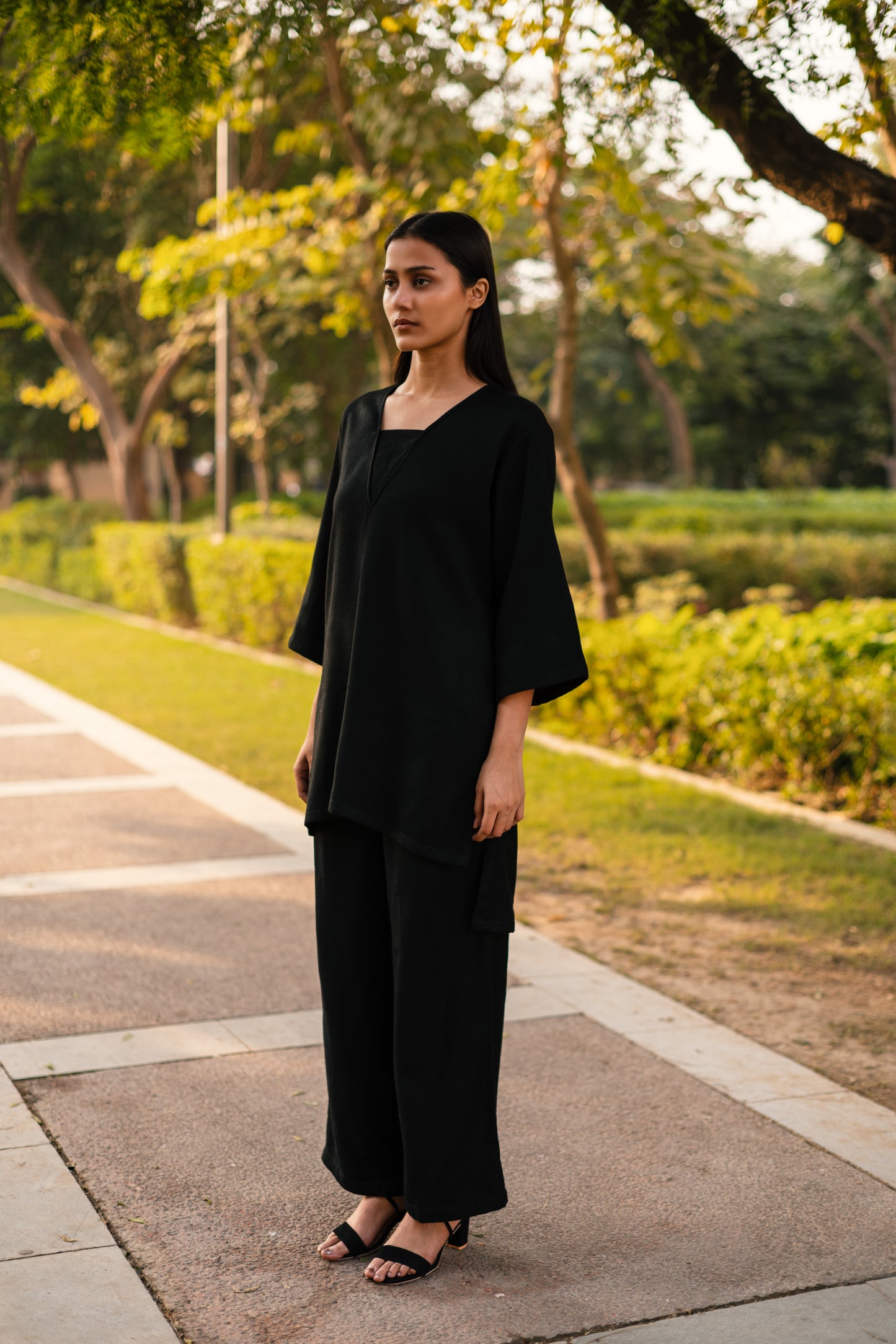 Black Merino Wool Dark Dimension Set by Raas with Black, Merino Wool, Regular Fit, Uru by Raas, Winter WearOffice Wear Co-ords, Woven at Kamakhyaa for sustainable fashion