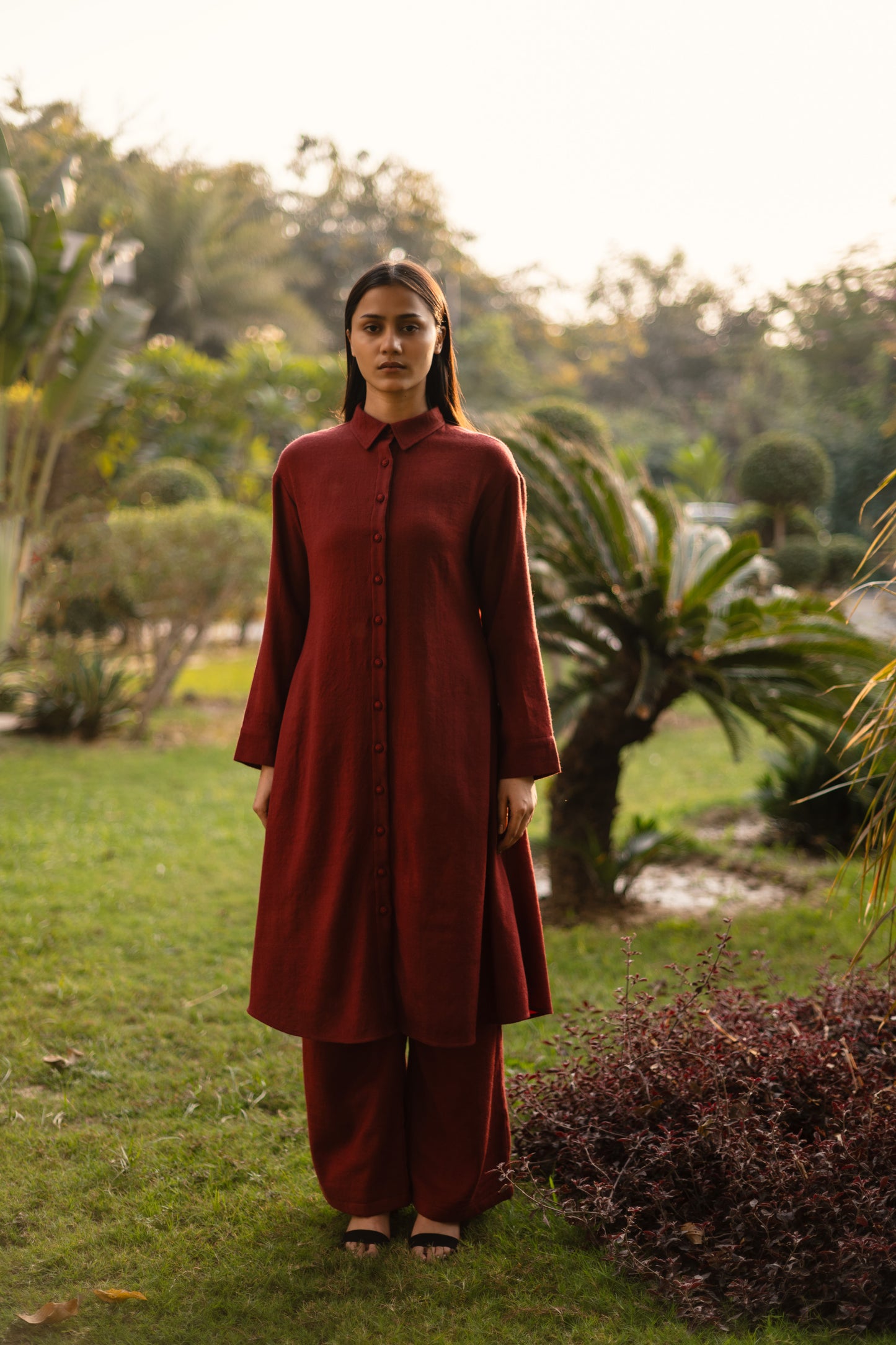 Maroon Merino Wool Aleeza Tunic by Raas with Maroon, Merino Wool, Regular Fit, Tunic Tops, Uru by Raas, Winter Wear, Woven at Kamakhyaa for sustainable fashion