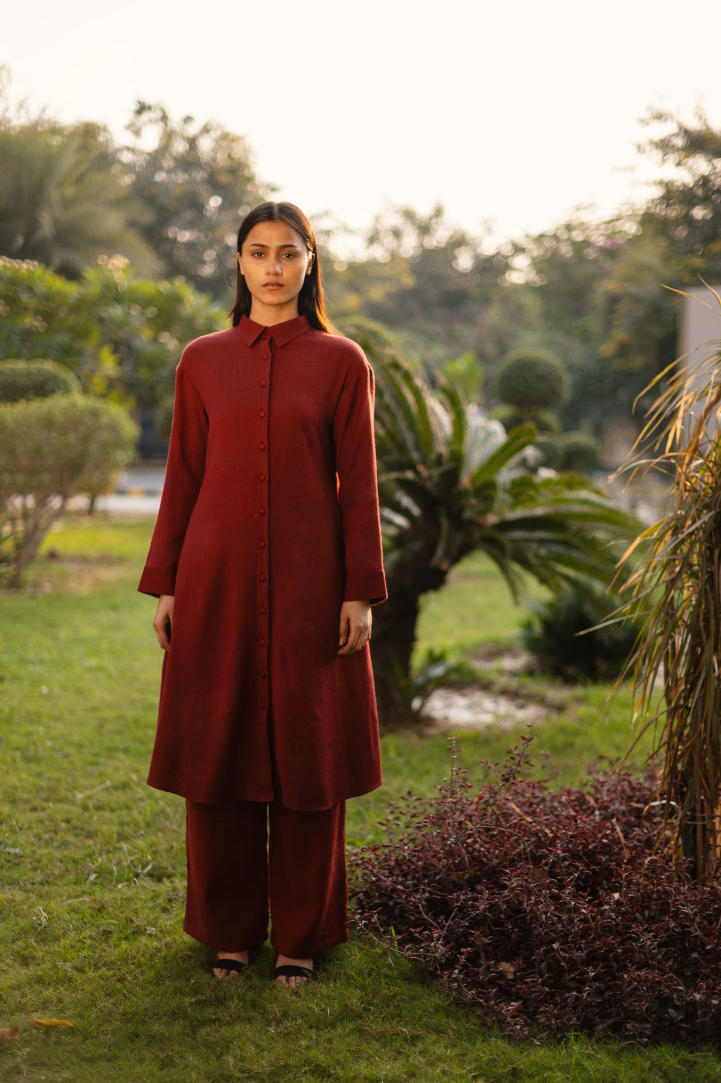 Maroon Merino Wool Aleeza Tunic by Raas with Maroon, Merino Wool, Regular Fit, Tunic Tops, Uru by Raas, Winter Wear, Woven at Kamakhyaa for sustainable fashion