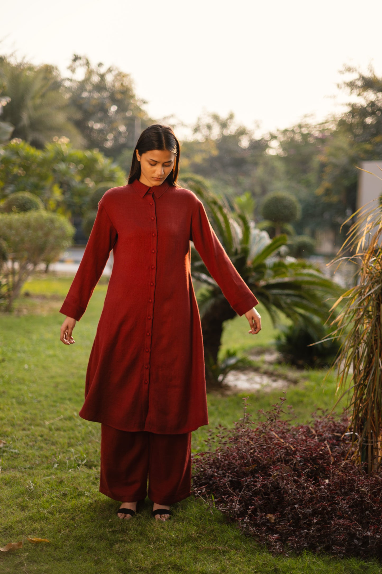 Maroon Merino Wool Aleeza Tunic by Raas with Maroon, Merino Wool, Regular Fit, Tunic Tops, Uru by Raas, Winter Wear, Woven at Kamakhyaa for sustainable fashion