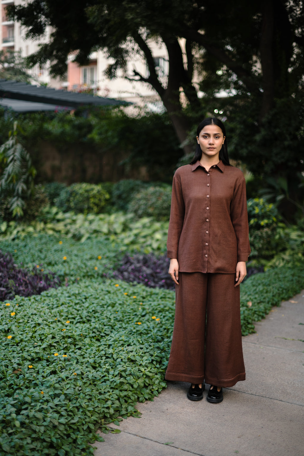 Burnt Brown Merino Wool Coord Set Mahonia by Raas with Brown, Merino Wool, Regular Fit, Uru by Raas, Winter WearOffice Wear Co-ords, Woven at Kamakhyaa for sustainable fashion