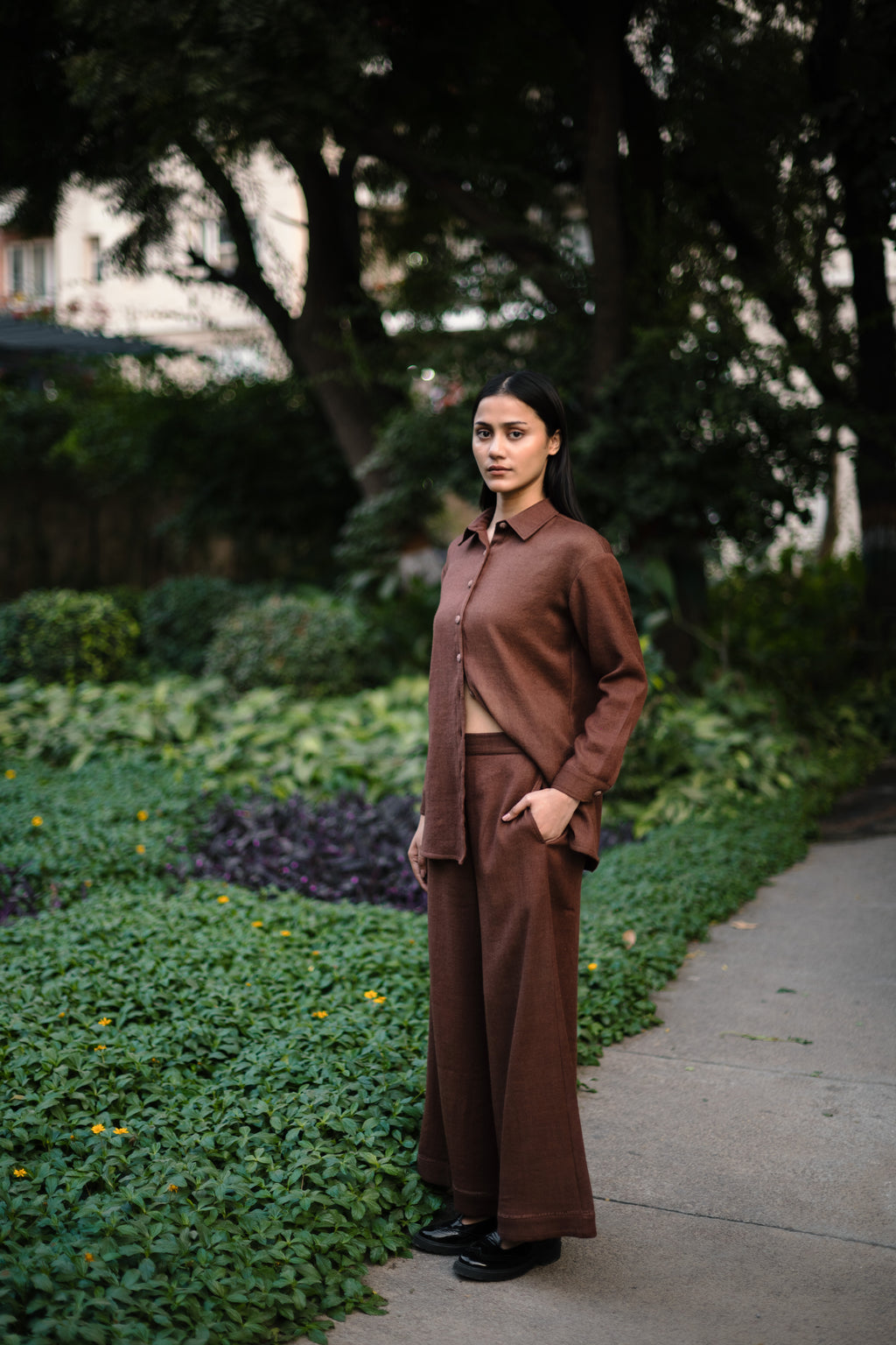 Burnt Brown Merino Wool Coord Set Mahonia by Raas with Brown, Merino Wool, Regular Fit, Uru by Raas, Winter WearOffice Wear Co-ords, Woven at Kamakhyaa for sustainable fashion