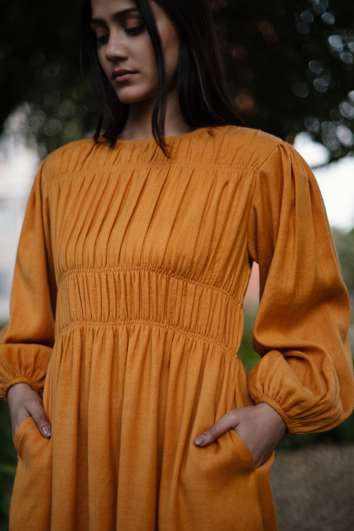 Mustard Yellow Merino Wool Sunflower Dress by Raas with Merino Wool, Midi Dresses, Mustard, Regular Fit, Uru by Raas, Winter Wear, Woven at Kamakhyaa for sustainable fashion