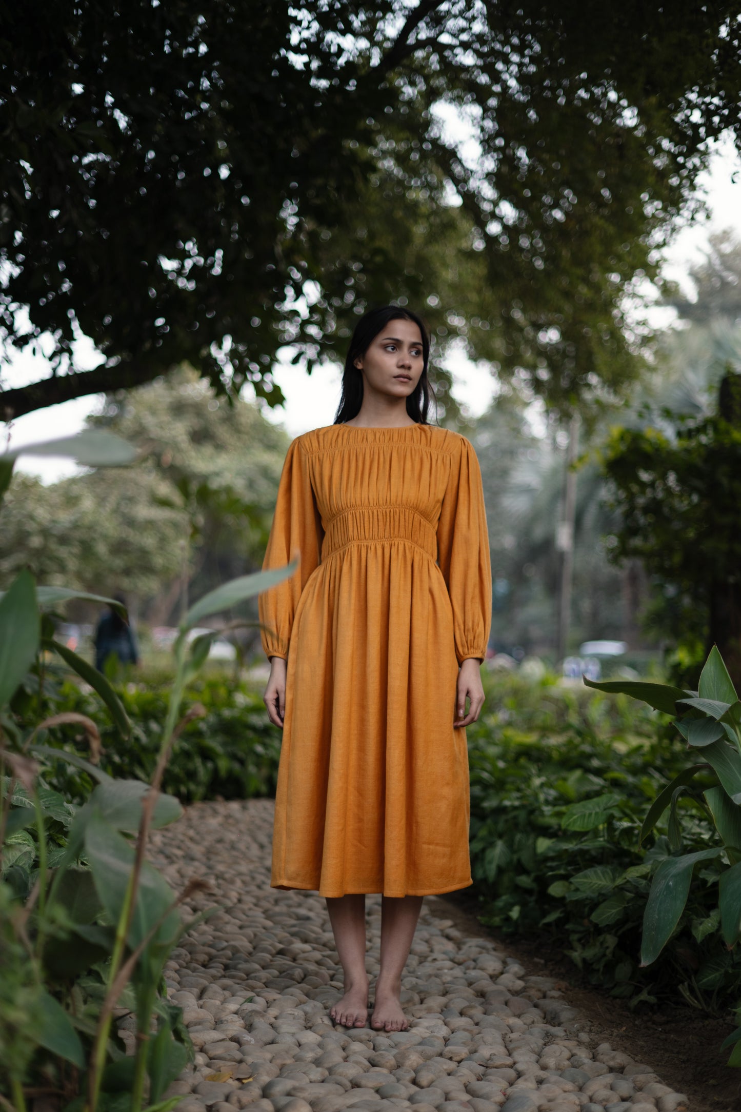 Mustard Yellow Merino Wool Sunflower Dress by Raas with Merino Wool, Midi Dresses, Mustard, Regular Fit, Uru by Raas, Winter Wear, Woven at Kamakhyaa for sustainable fashion