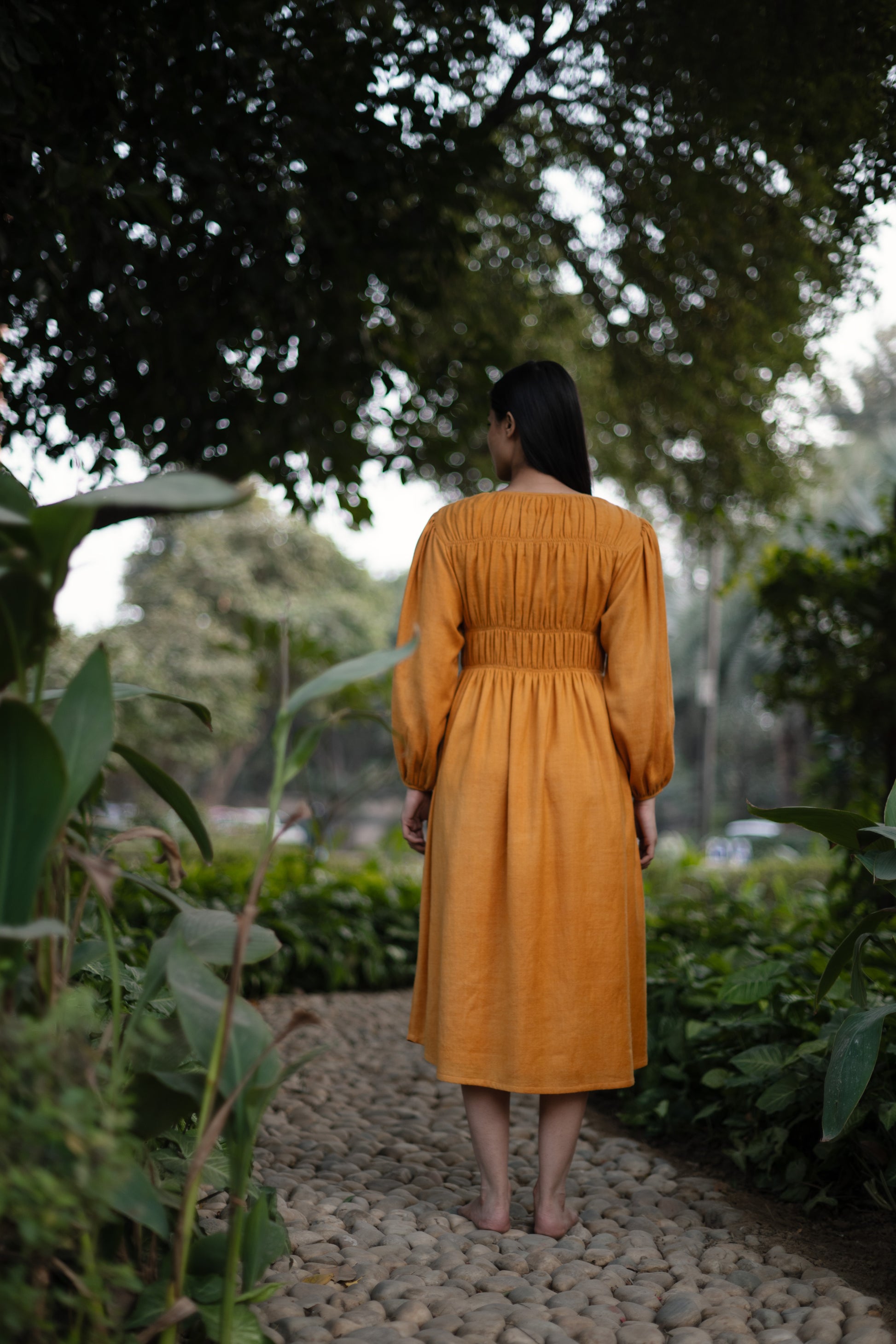 Mustard Yellow Merino Wool Sunflower Dress by Raas with Merino Wool, Midi Dresses, Mustard, Regular Fit, Uru by Raas, Winter Wear, Woven at Kamakhyaa for sustainable fashion