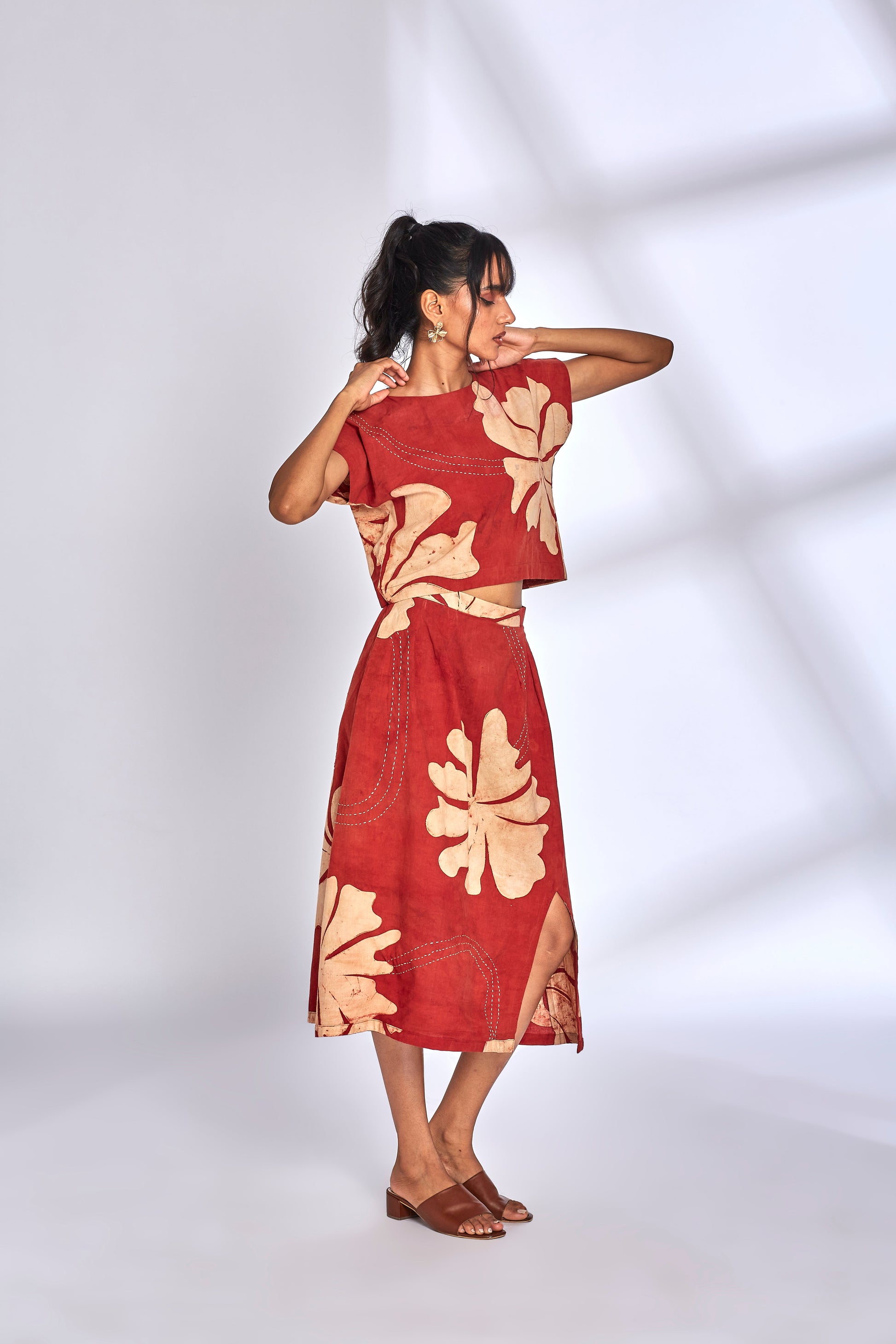 Ajrakh Hand Painted Skirt Set by Hasttvam with Cotton, Eden by Hasttvam, Floral, Fusion Wear, Natural Dye, Printed, Red, Relaxed Fit, Responsible production and Vegan, Skirt Sets at Kamakhyaa for sustainable fashion