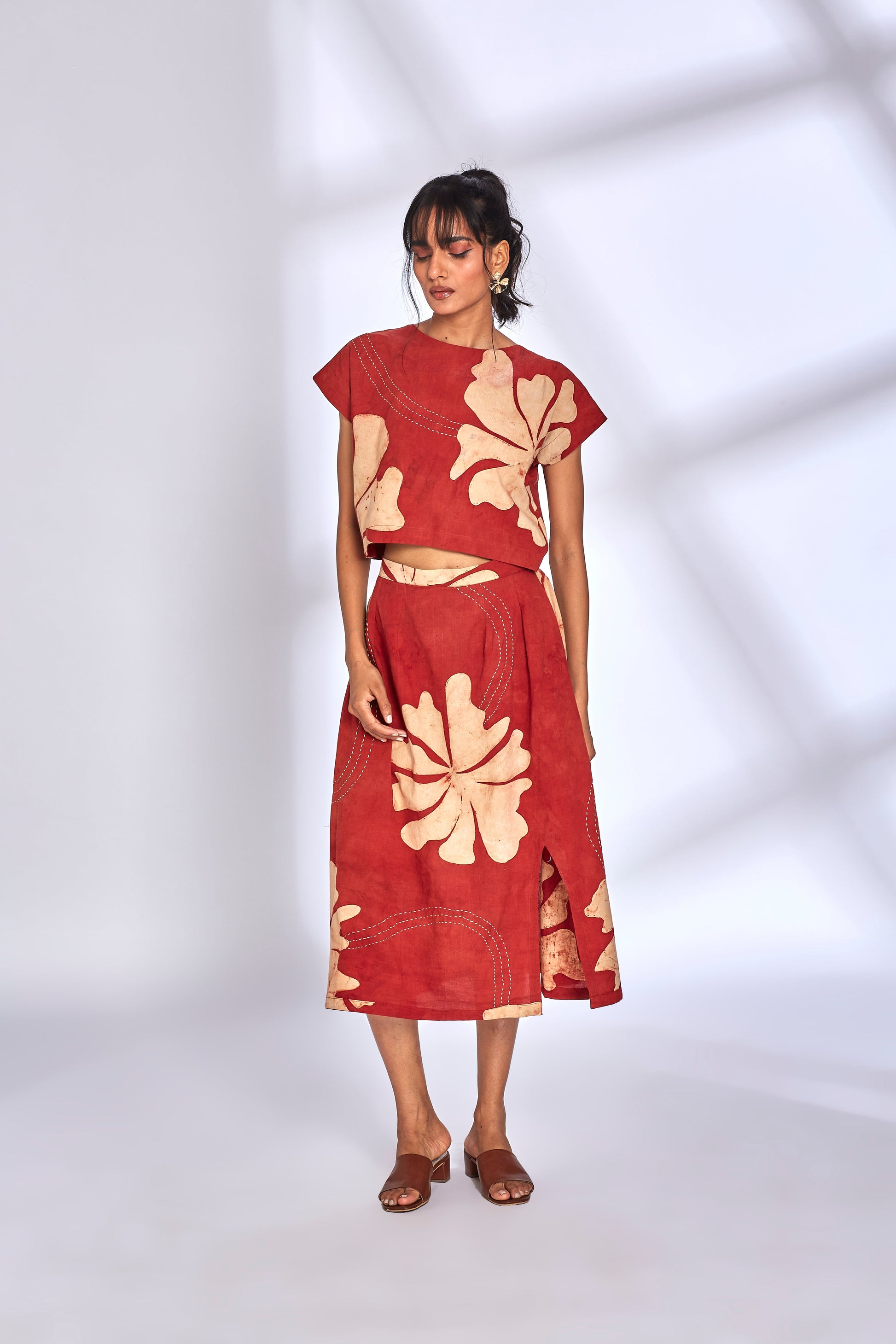 Ajrakh Hand Painted Skirt Set by Hasttvam with Cotton, Eden by Hasttvam, Floral, Fusion Wear, Natural Dye, Printed, Red, Relaxed Fit, Responsible production and Vegan, Skirt Sets at Kamakhyaa for sustainable fashion