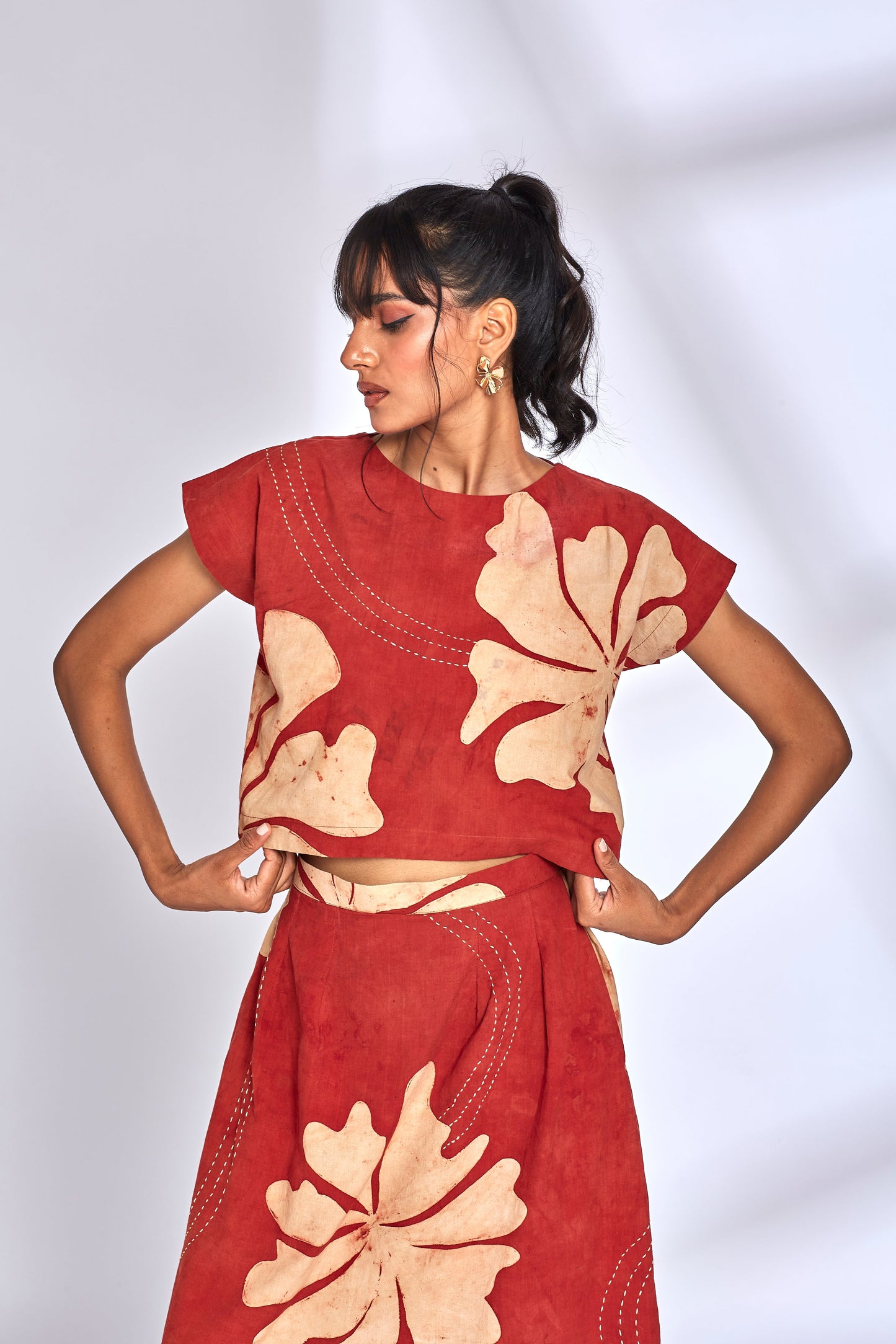 Ajrakh Hand Painted Skirt Set by Hasttvam with Cotton, Eden by Hasttvam, Floral, Fusion Wear, Natural Dye, Printed, Red, Relaxed Fit, Responsible production and Vegan, Skirt Sets at Kamakhyaa for sustainable fashion