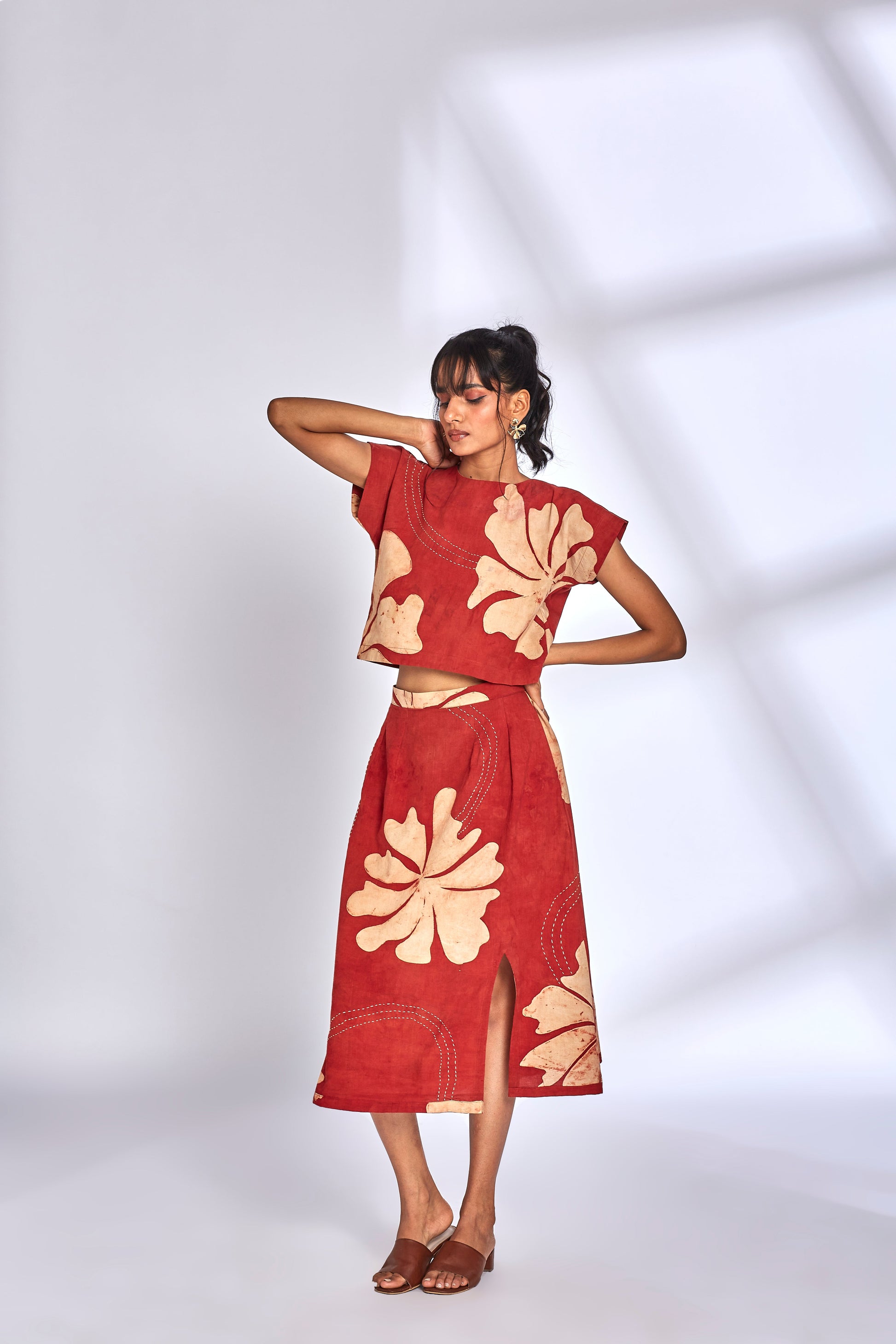 Ajrakh Hand Painted Skirt Set by Hasttvam with Cotton, Eden by Hasttvam, Floral, Fusion Wear, Natural Dye, Printed, Red, Relaxed Fit, Responsible production and Vegan, Skirt Sets at Kamakhyaa for sustainable fashion