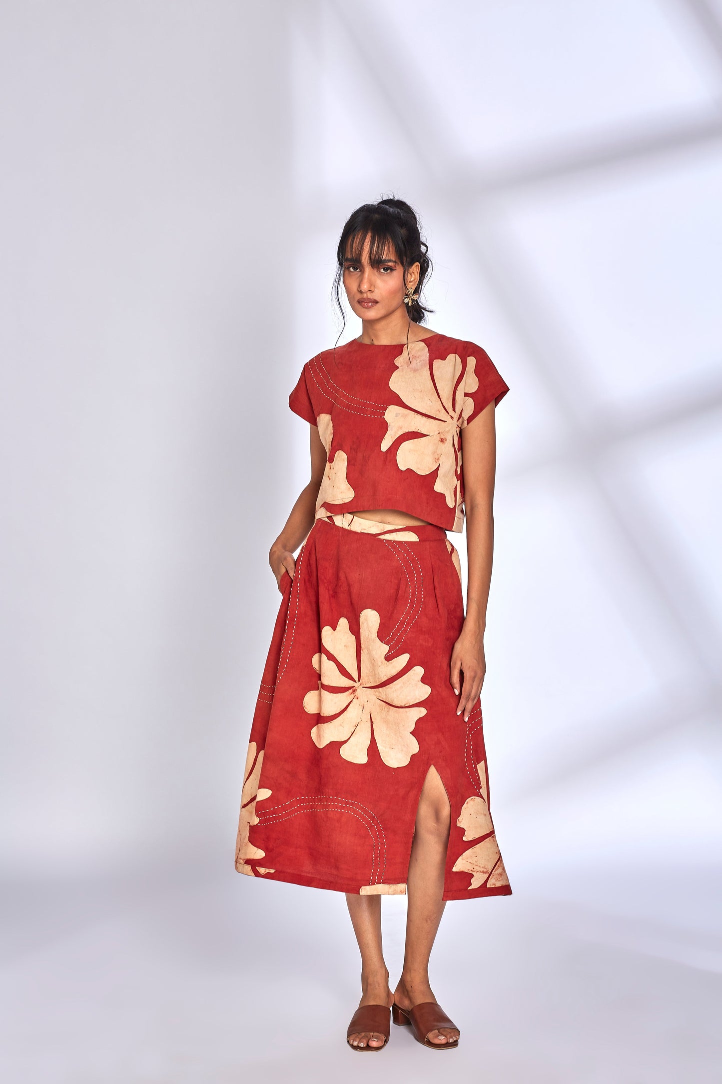 Ajrakh Hand Painted Skirt Set by Hasttvam with Cotton, Eden by Hasttvam, Floral, Fusion Wear, Natural Dye, Printed, Red, Relaxed Fit, Responsible production and Vegan, Skirt Sets at Kamakhyaa for sustainable fashion