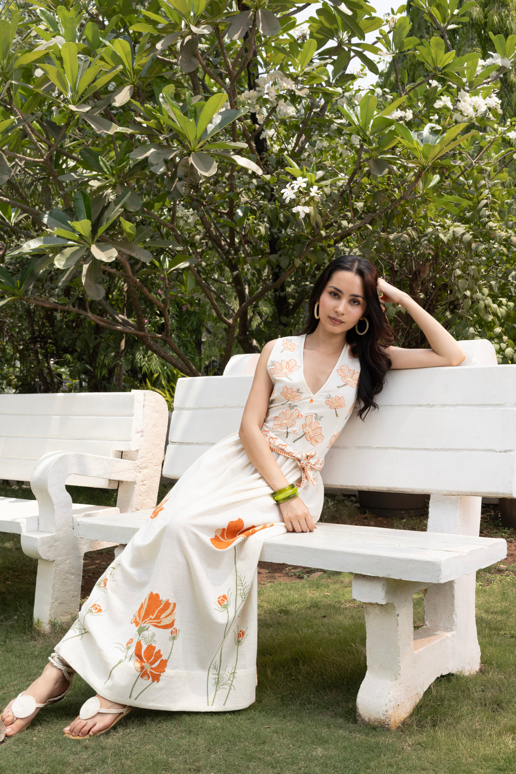 V-Neck Embroidered Floral Maxi Dress with Tie-Up Waist by Kamakhyaa India with Cosmos by Akashi Clothing, Internal Tags Missing at Kamakhyaa India for sustainable fashion