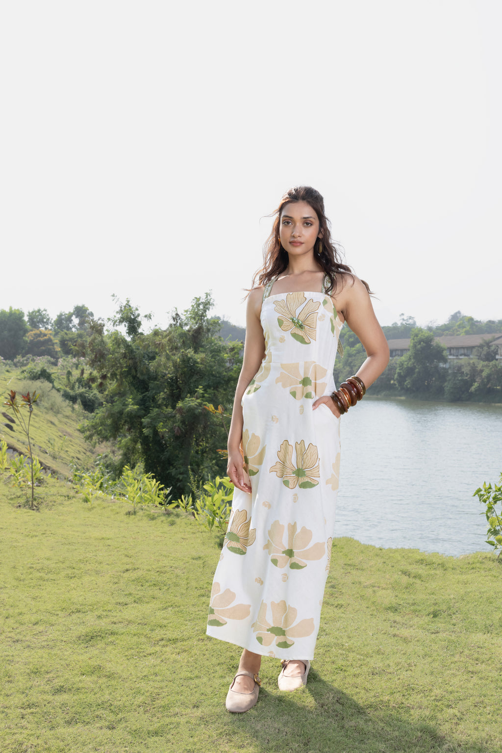 Criss-Cross Back Strappy Floral Print Midi Dress by Kamakhyaa India with Cosmos by Akashi Clothing, Internal Tags Missing at Kamakhyaa India for sustainable fashion