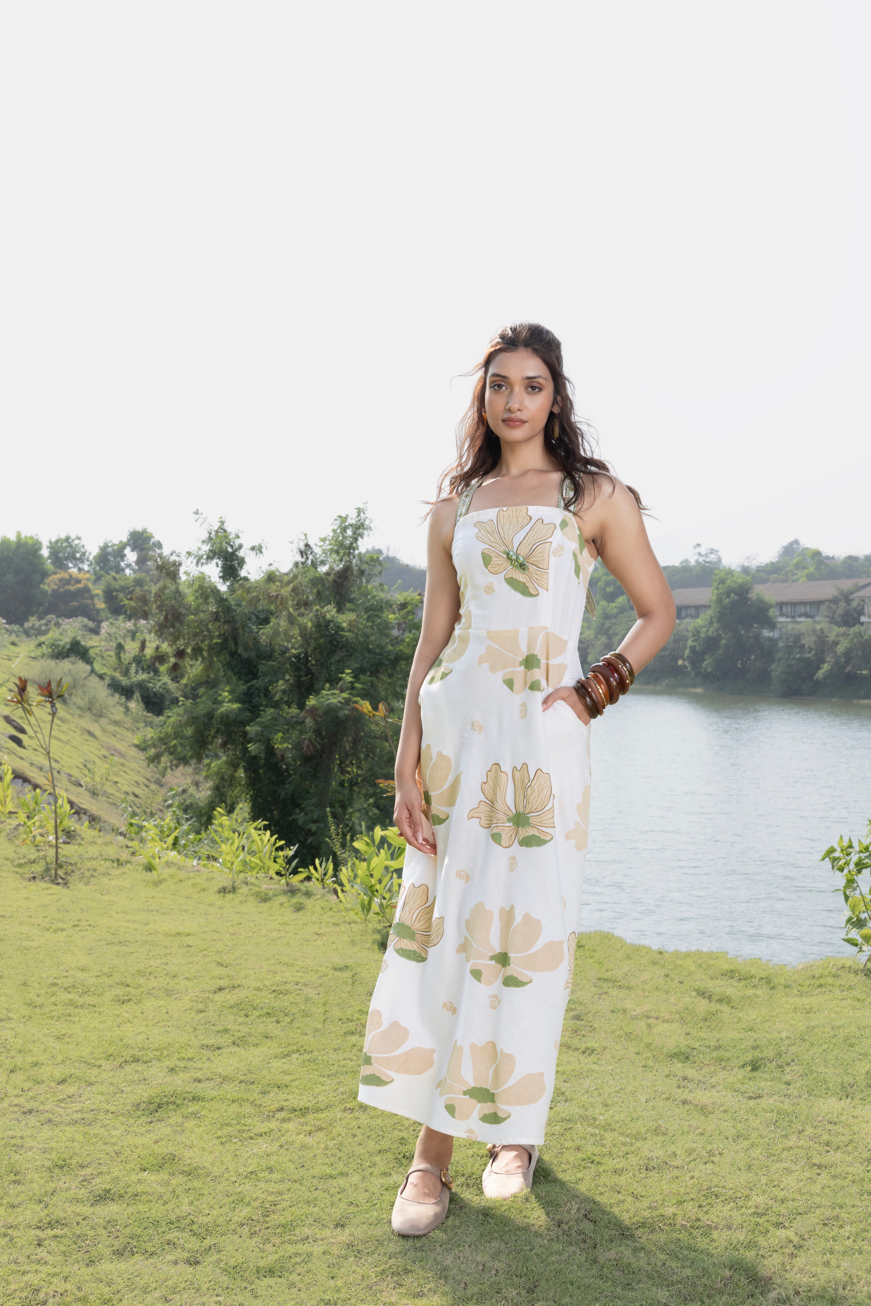 Criss-Cross Back Strappy Floral Print Midi Dress by Kamakhyaa India with Cosmos by Akashi Clothing, Internal Tags Missing at Kamakhyaa India for sustainable fashion