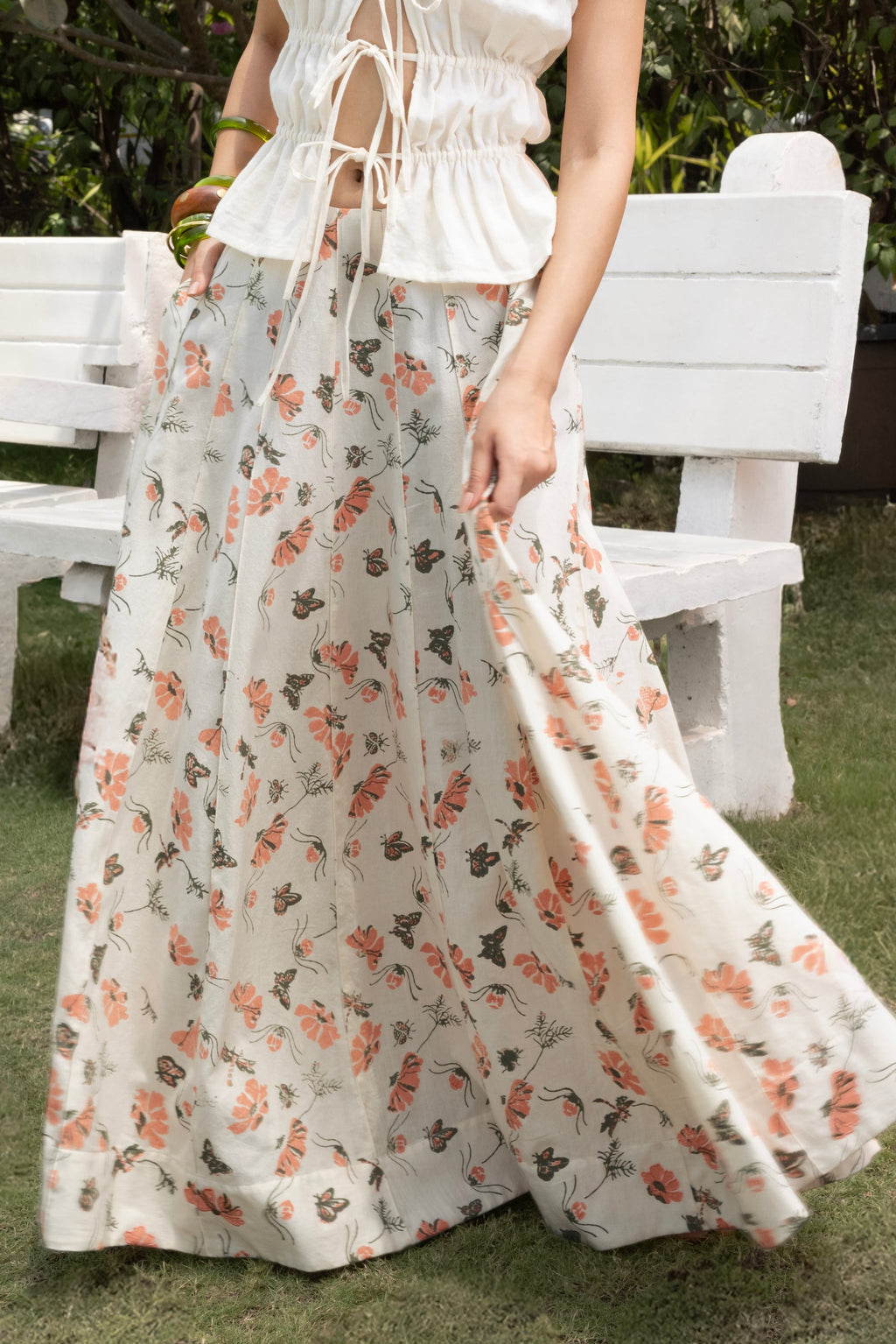 Floral A-Line Paneled Maxi Skirt by Akashi Clothing with Cosmos by Akashi Clothing, Internal Tags Missing at Kamakhyaa India for sustainable fashion