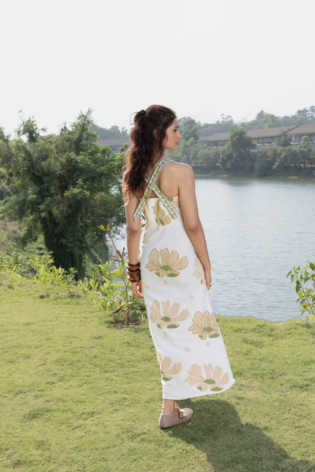 Criss-Cross Back Strappy Floral Print Midi Dress by Kamakhyaa India with Cosmos by Akashi Clothing, Internal Tags Missing at Kamakhyaa India for sustainable fashion