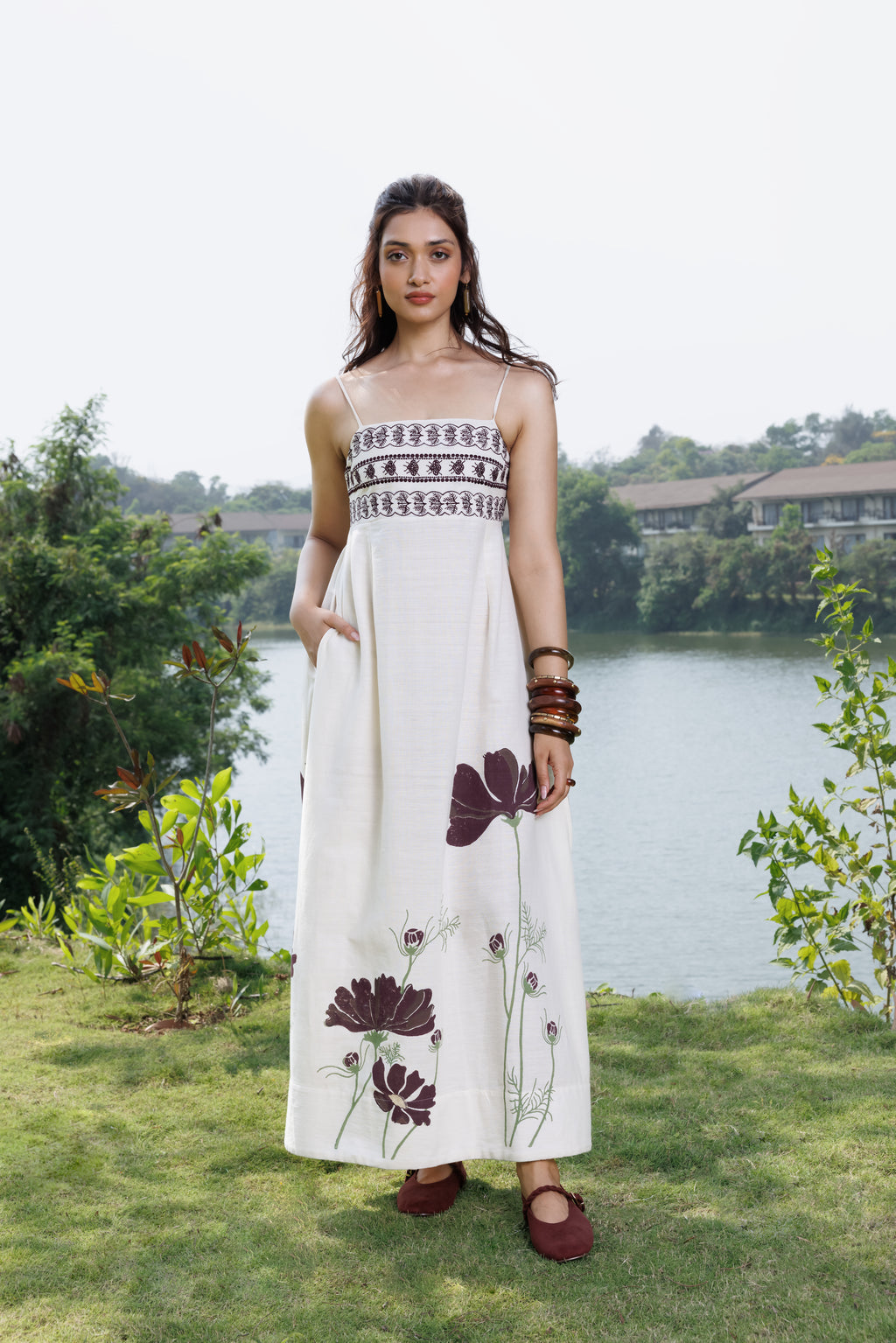 Embriodered Maxi Dress with back tie up by Kamakhyaa India with Cosmos by Akashi Clothing, Internal Tags Missing at Kamakhyaa India for sustainable fashion