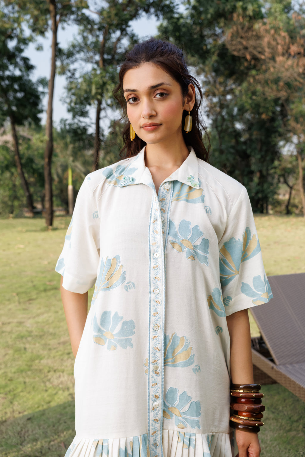 button down Pleated Shirt Dress by Kamakhyaa India with Cosmos by Akashi Clothing, Internal Tags Missing at Kamakhyaa India for sustainable fashion