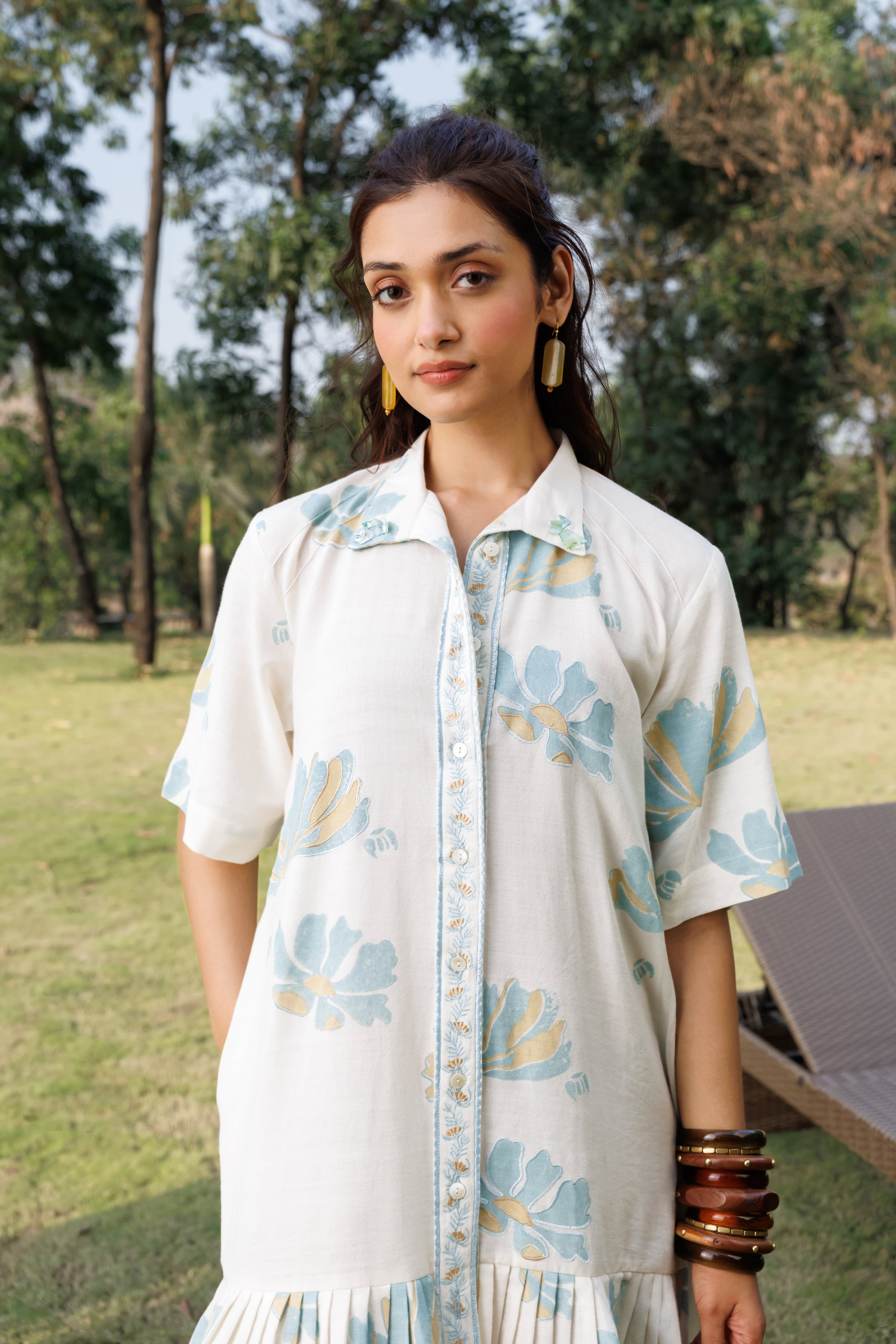 button down Pleated Shirt Dress by Kamakhyaa India with Cosmos by Akashi Clothing, Internal Tags Missing at Kamakhyaa India for sustainable fashion