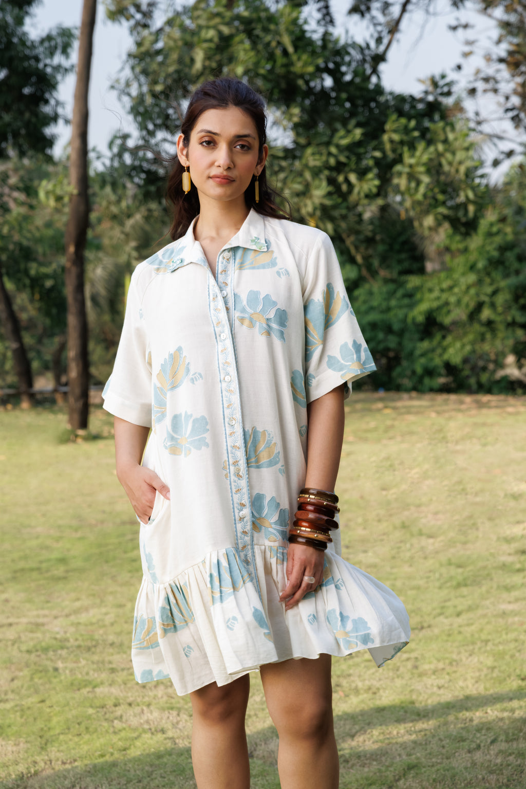 button down Pleated Shirt Dress by Kamakhyaa India with Cosmos by Akashi Clothing, Internal Tags Missing at Kamakhyaa India for sustainable fashion