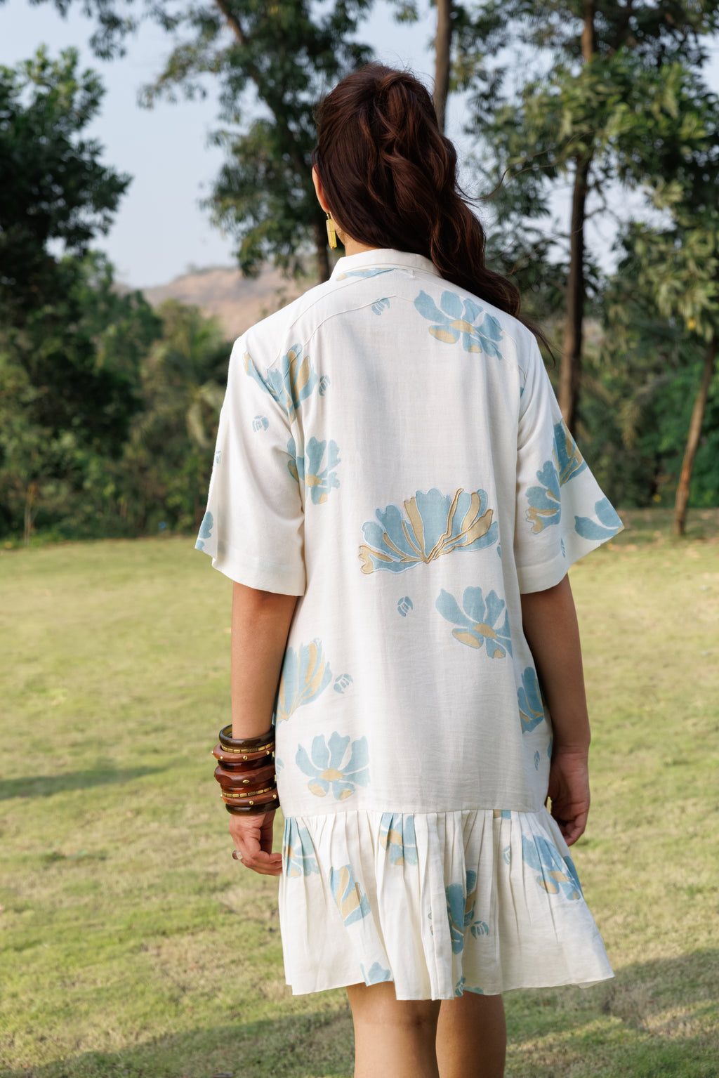 button down Pleated Shirt Dress by Kamakhyaa India with Cosmos by Akashi Clothing, Internal Tags Missing at Kamakhyaa India for sustainable fashion