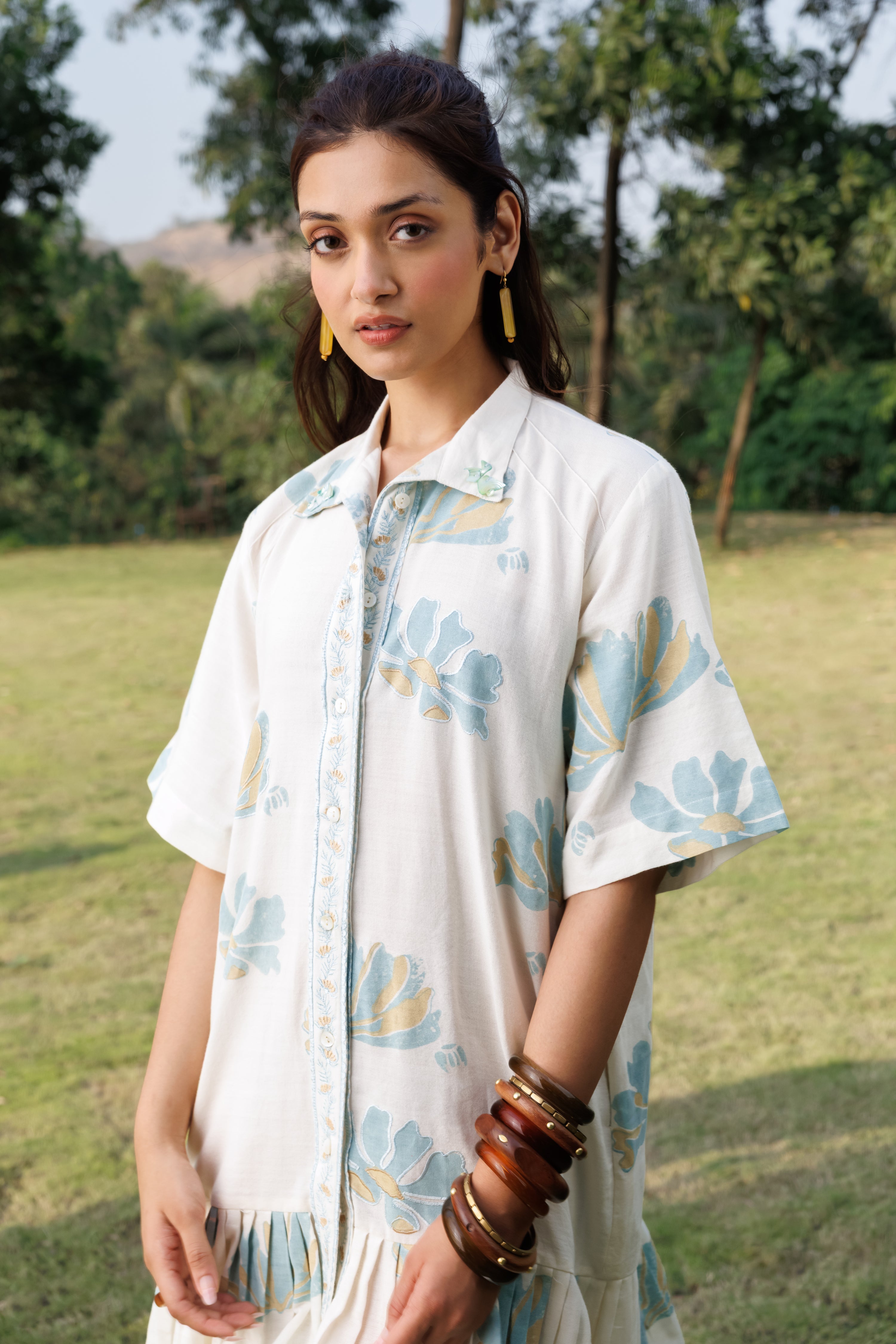 button down Pleated Shirt Dress by Kamakhyaa India with Cosmos by Akashi Clothing, Internal Tags Missing at Kamakhyaa India for sustainable fashion