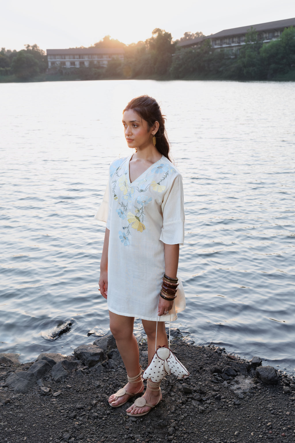 Blue floral Embroidered Short Kaftan Dress by Akashi Clothing with Cosmos by Akashi Clothing, Internal Tags Missing at Kamakhyaa India for sustainable fashion