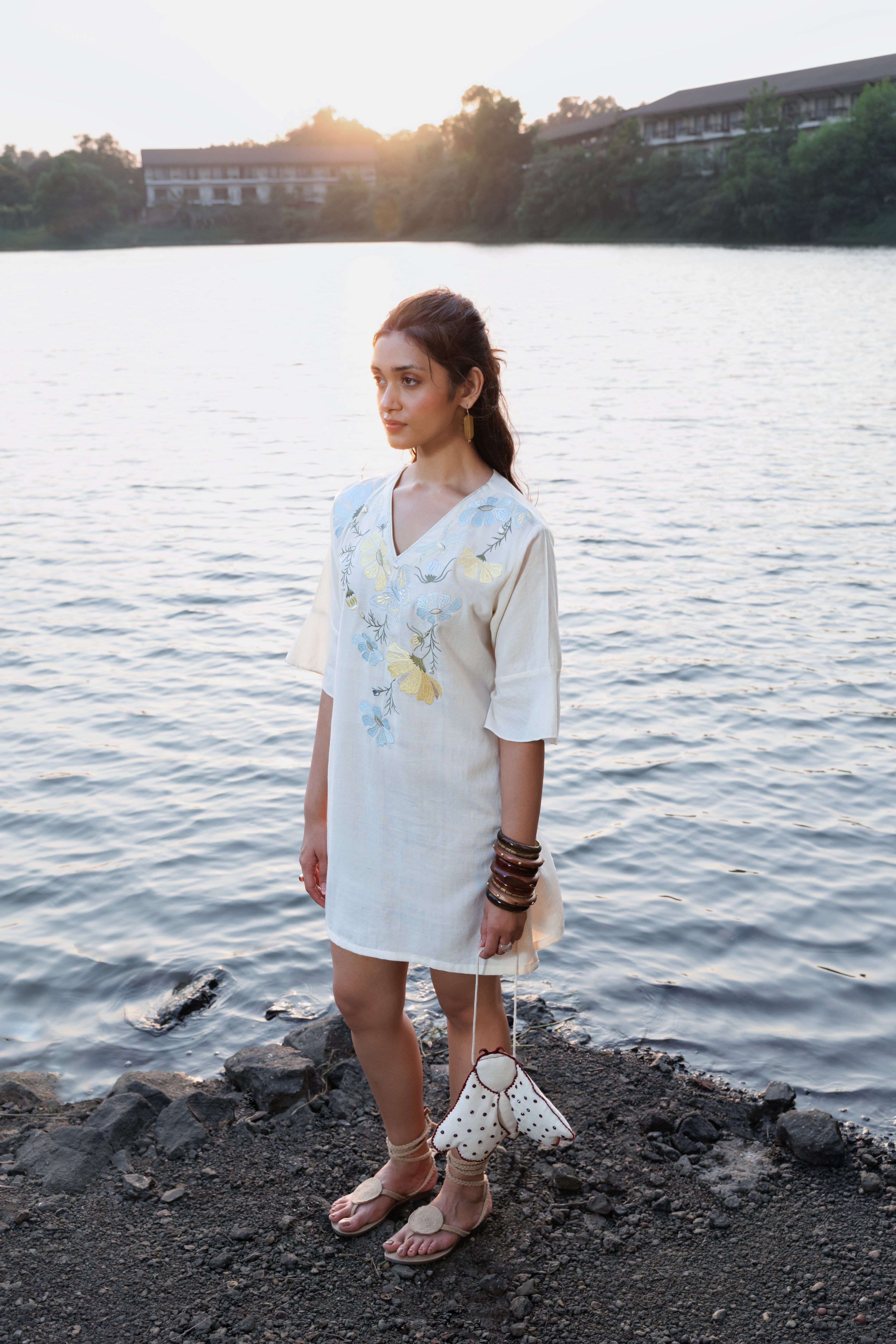 Blue floral Embroidered Short Kaftan Dress by Akashi Clothing with Cosmos by Akashi Clothing, Internal Tags Missing at Kamakhyaa India for sustainable fashion
