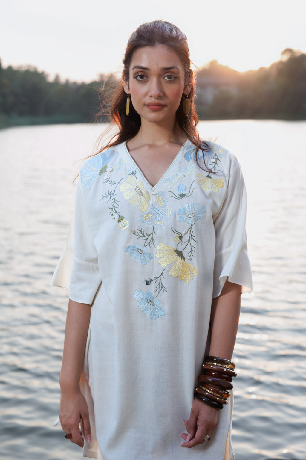Blue floral Embroidered Short Kaftan Dress by Akashi Clothing with Cosmos by Akashi Clothing, Internal Tags Missing at Kamakhyaa India for sustainable fashion