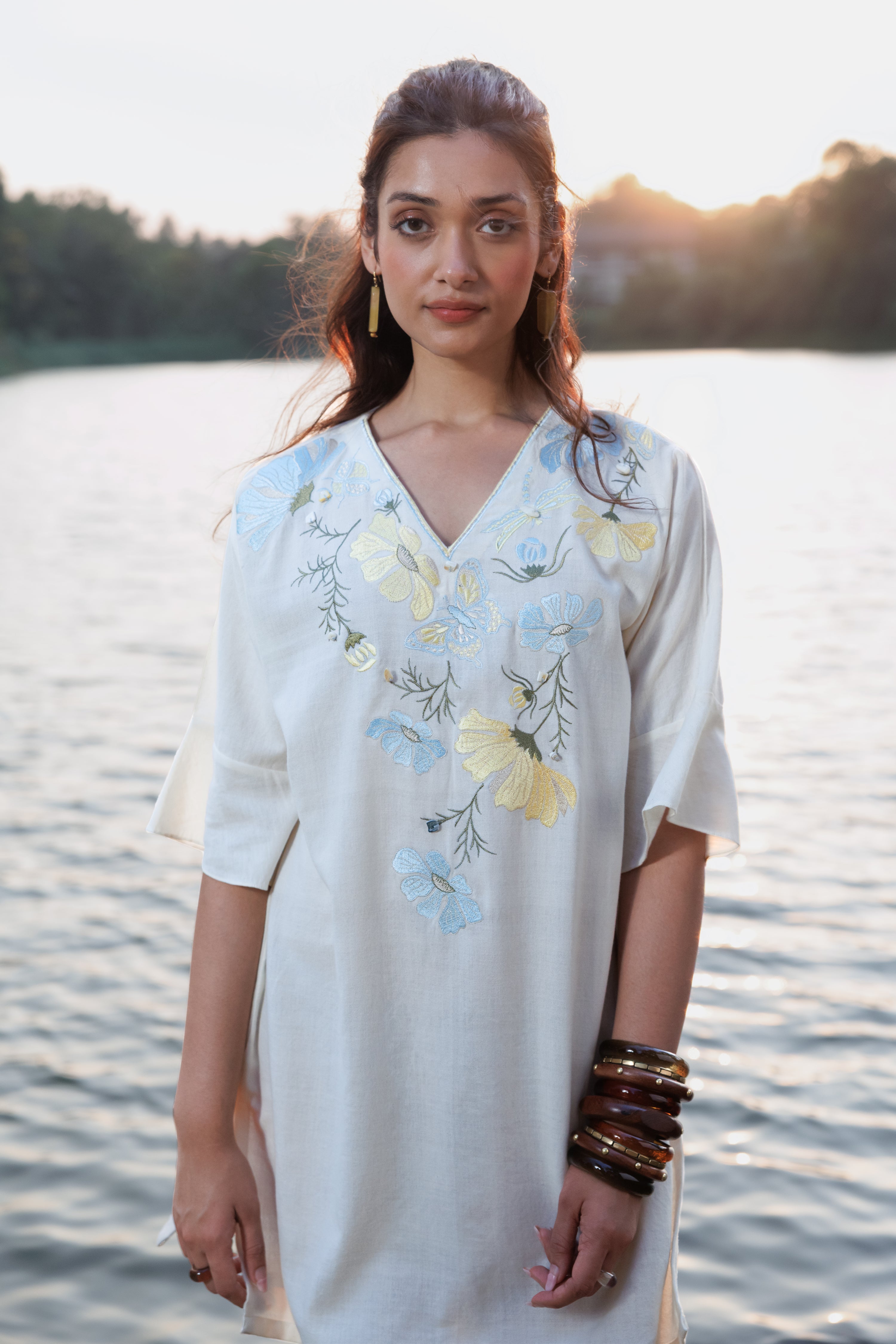 Blue floral Embroidered Short Kaftan Dress by Akashi Clothing with Cosmos by Akashi Clothing, Internal Tags Missing at Kamakhyaa India for sustainable fashion