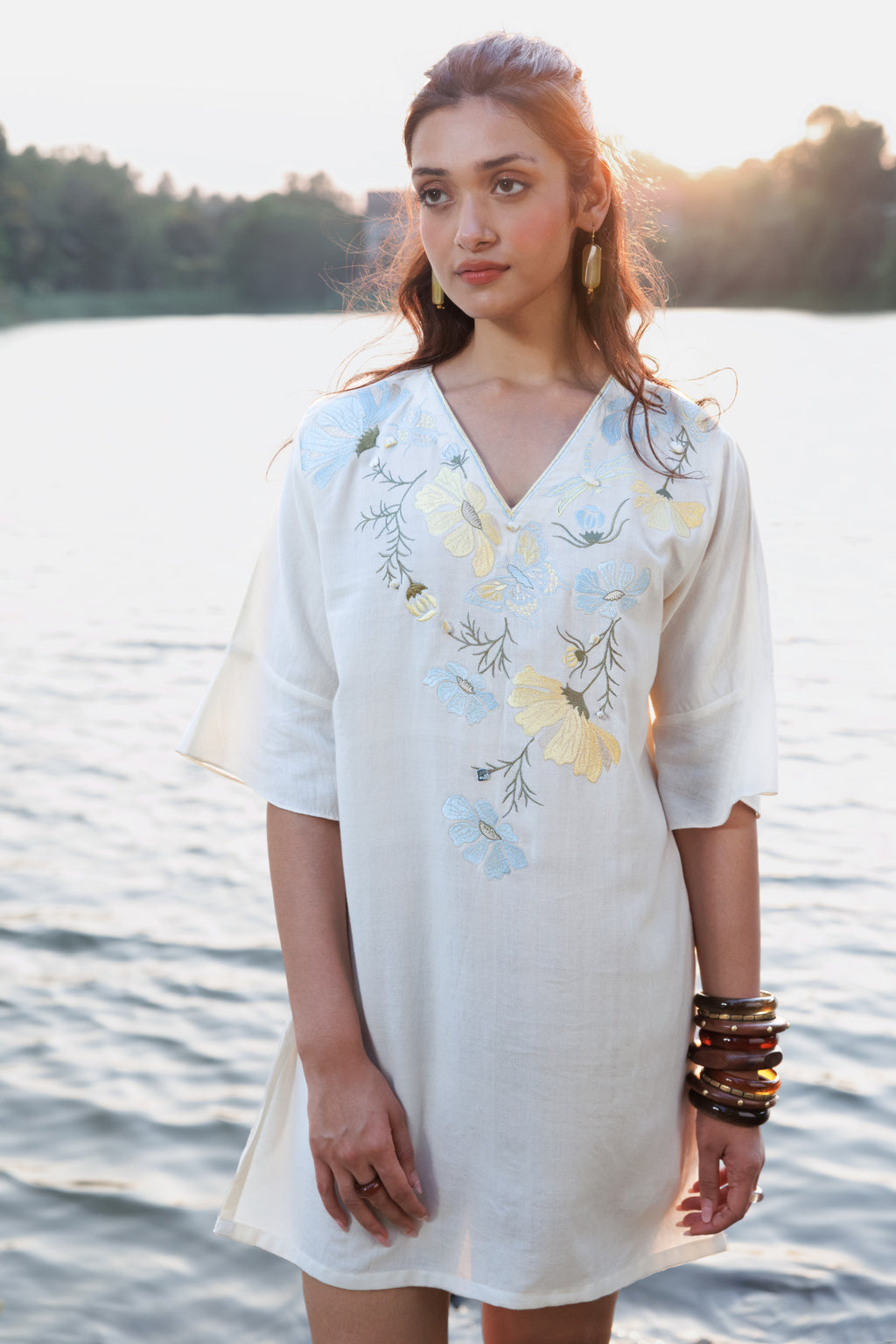 Blue floral Embroidered Short Kaftan Dress by Akashi Clothing with Cosmos by Akashi Clothing, Internal Tags Missing at Kamakhyaa India for sustainable fashion