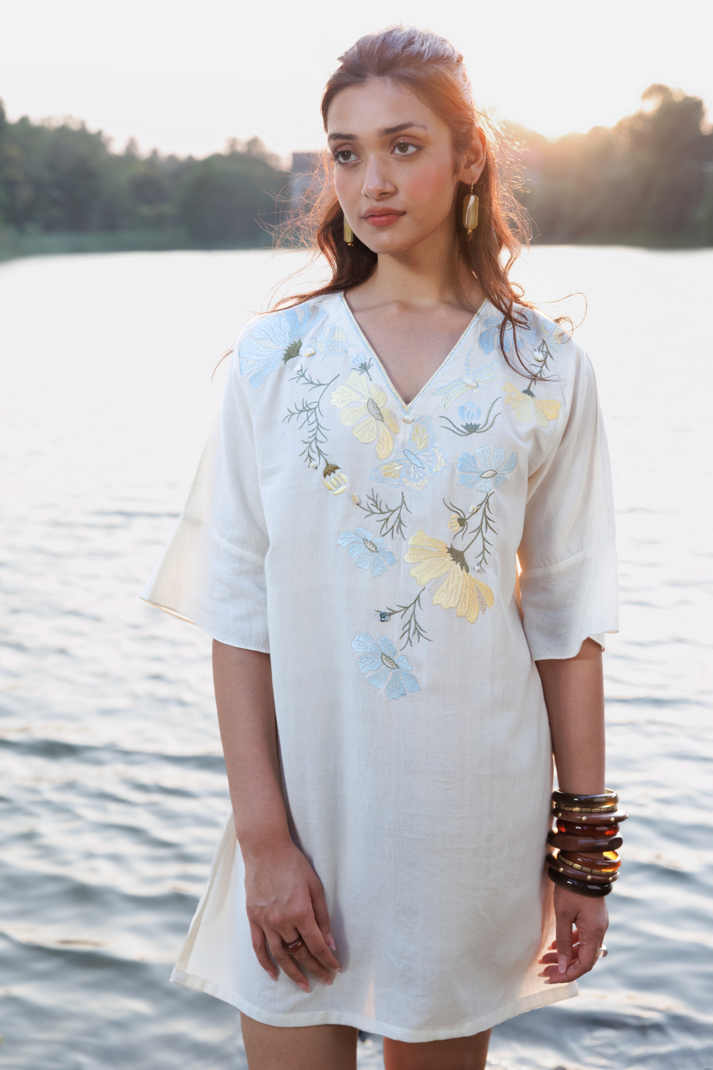 Blue floral Embroidered Short Kaftan Dress by Akashi Clothing with Cosmos by Akashi Clothing, Internal Tags Missing at Kamakhyaa India for sustainable fashion