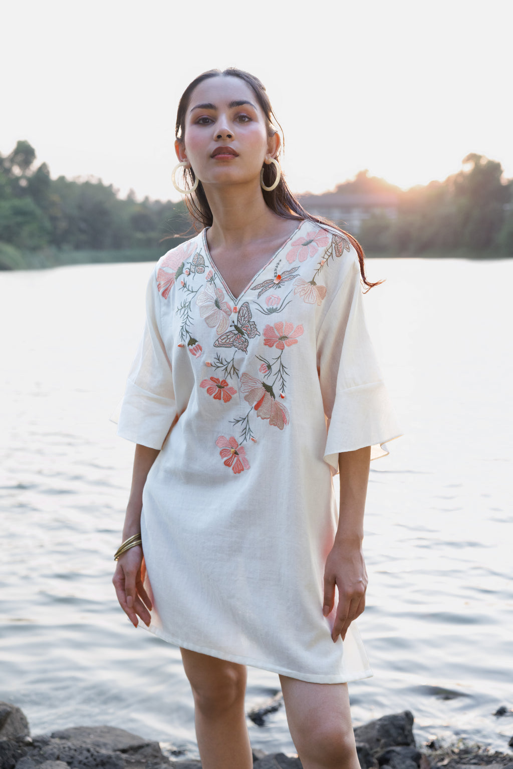 Orange floral Embroidered Short Kaftan Dress by Akashi Clothing with Cosmos by Akashi Clothing, Internal Tags Missing at Kamakhyaa India for sustainable fashion