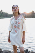Orange floral Embroidered Short Kaftan Dress by Akashi Clothing with Cosmos by Akashi Clothing, Internal Tags Missing at Kamakhyaa India for sustainable fashion