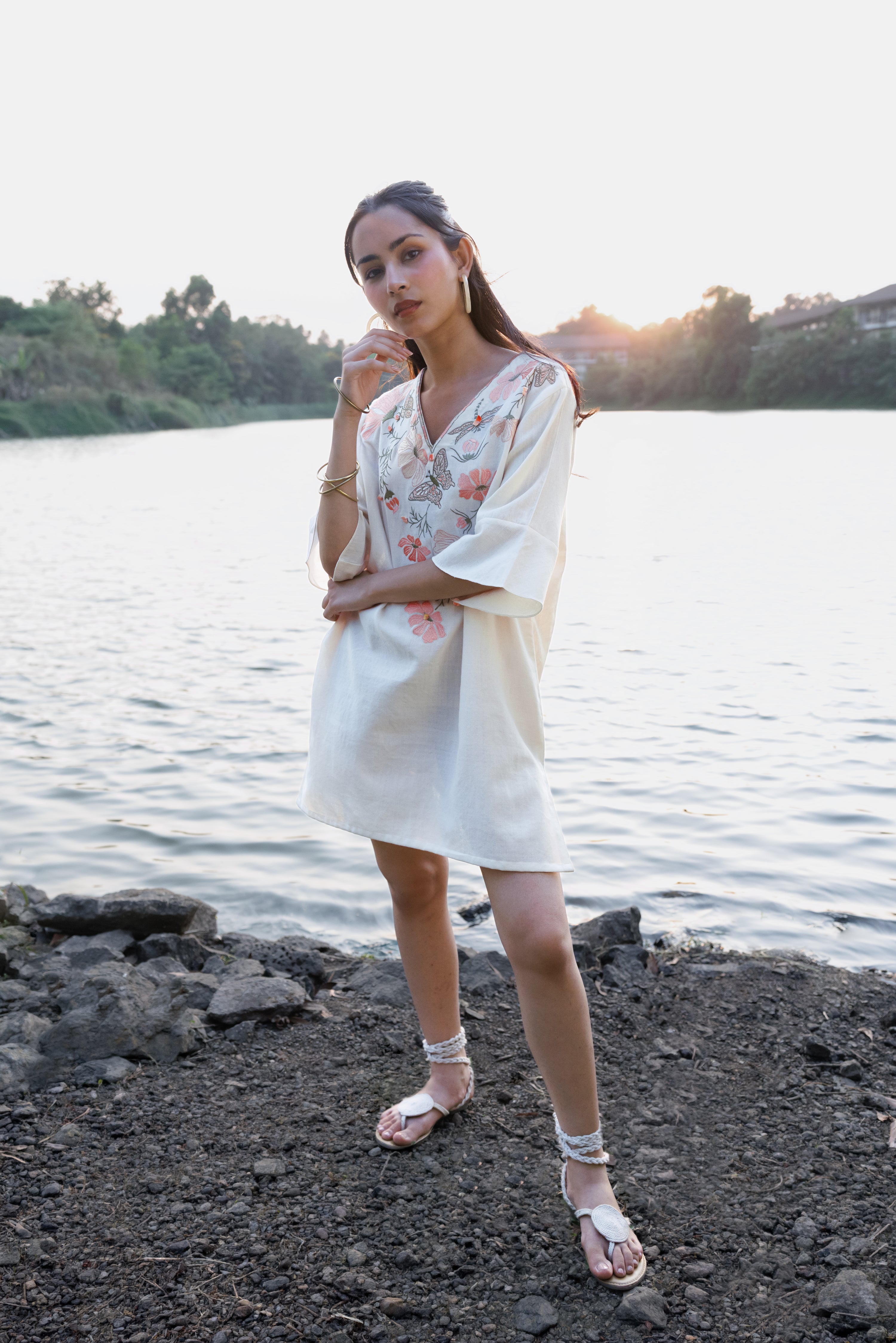 Orange floral Embroidered Short Kaftan Dress by Akashi Clothing with Cosmos by Akashi Clothing, Internal Tags Missing at Kamakhyaa India for sustainable fashion