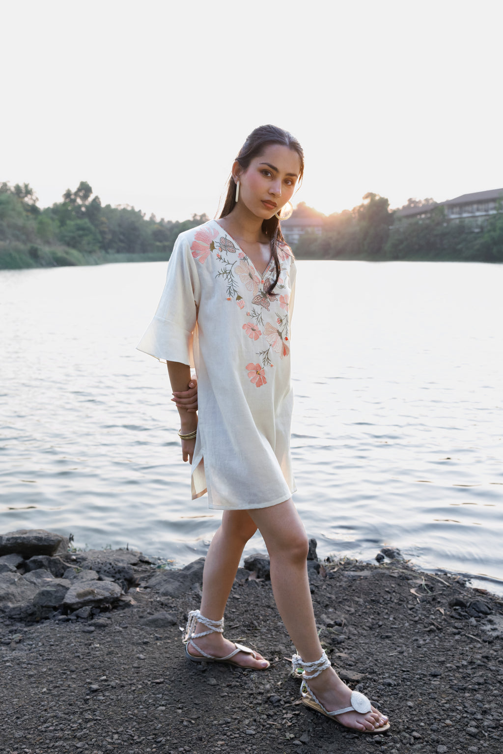 Orange floral Embroidered Short Kaftan Dress by Akashi Clothing with Cosmos by Akashi Clothing, Internal Tags Missing at Kamakhyaa India for sustainable fashion