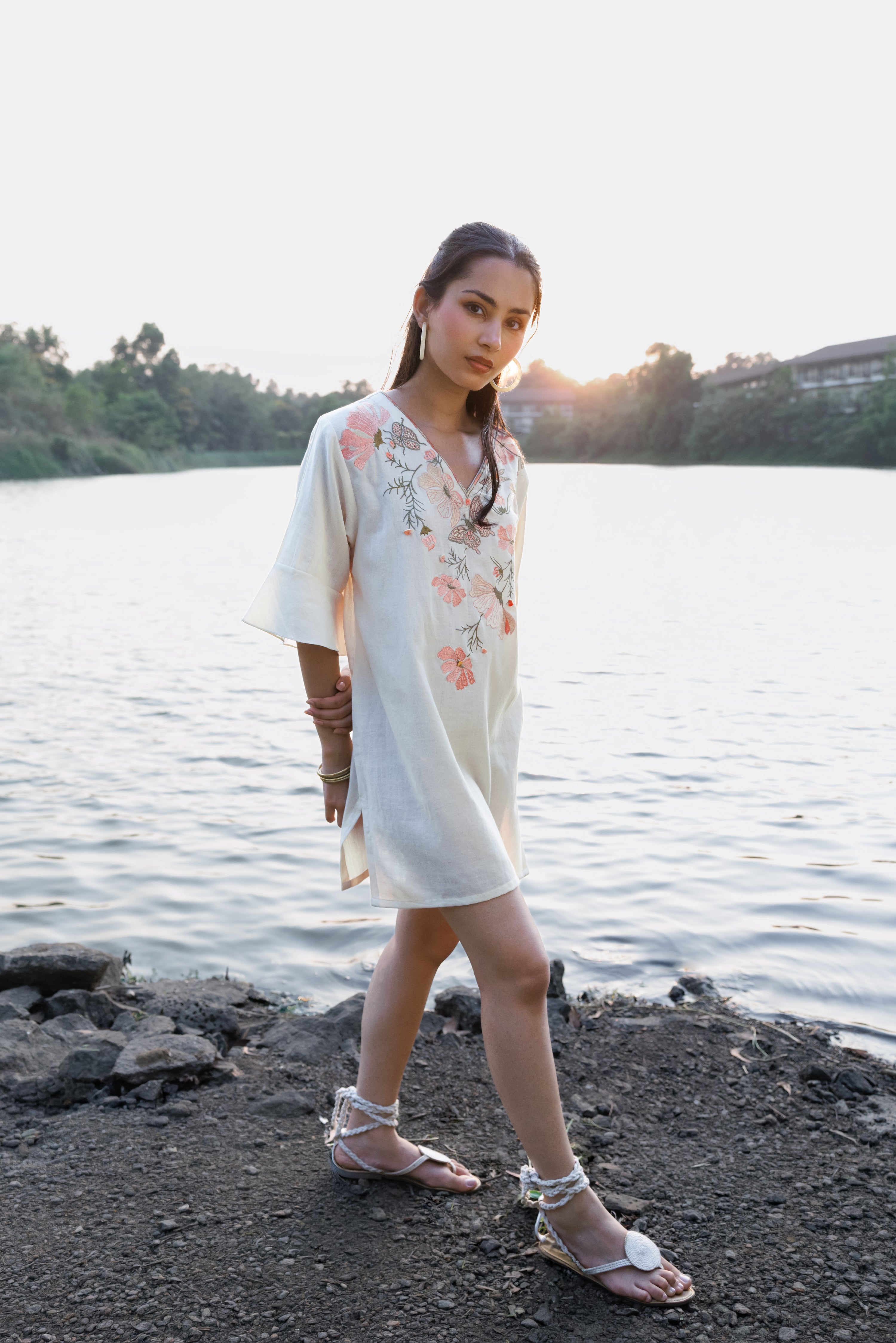 Orange floral Embroidered Short Kaftan Dress by Akashi Clothing with Cosmos by Akashi Clothing, Internal Tags Missing at Kamakhyaa India for sustainable fashion