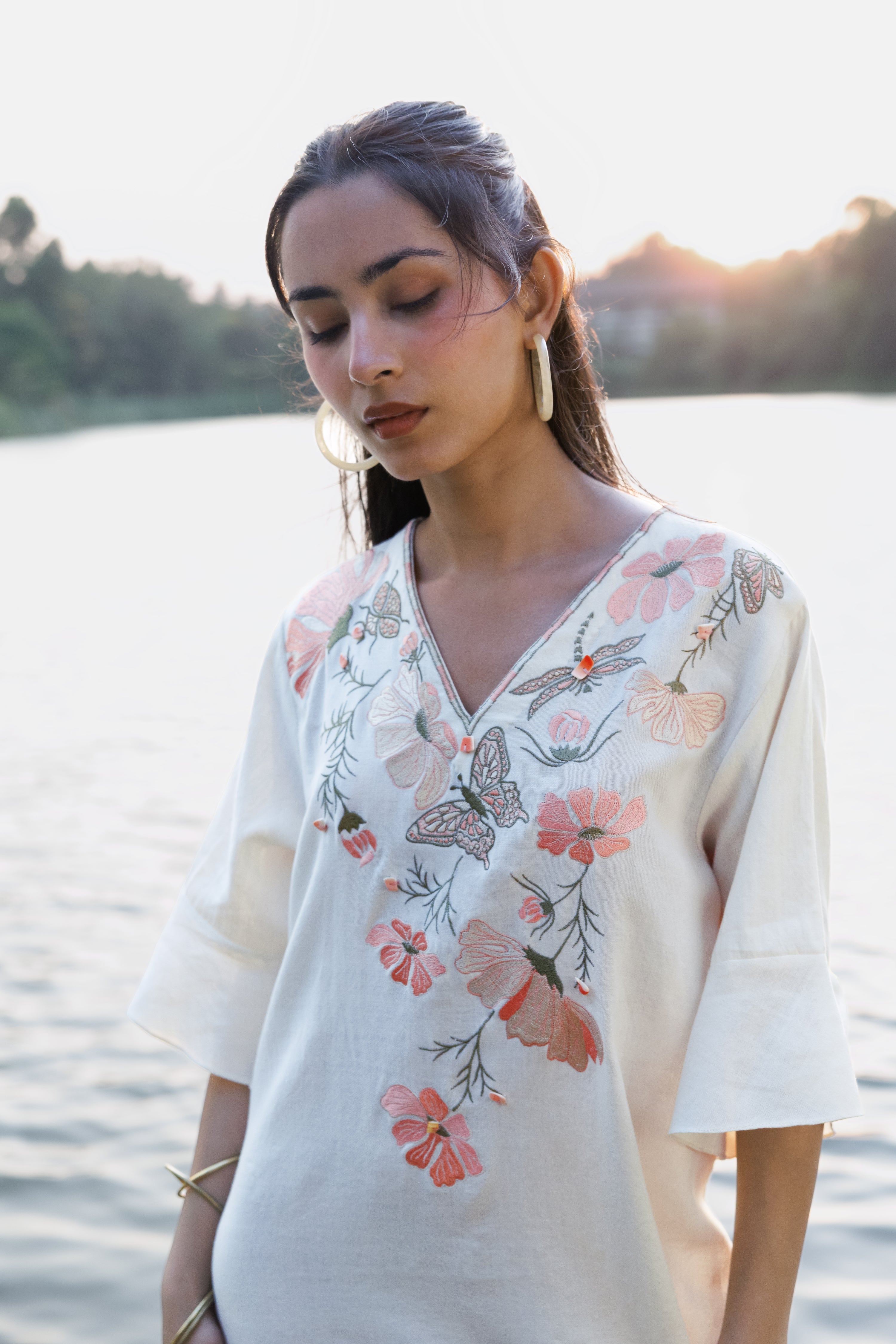 Orange floral Embroidered Short Kaftan Dress by Akashi Clothing with Cosmos by Akashi Clothing, Internal Tags Missing at Kamakhyaa India for sustainable fashion
