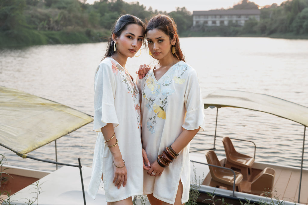 Orange floral Embroidered Short Kaftan Dress by Akashi Clothing with Cosmos by Akashi Clothing, Internal Tags Missing at Kamakhyaa India for sustainable fashion