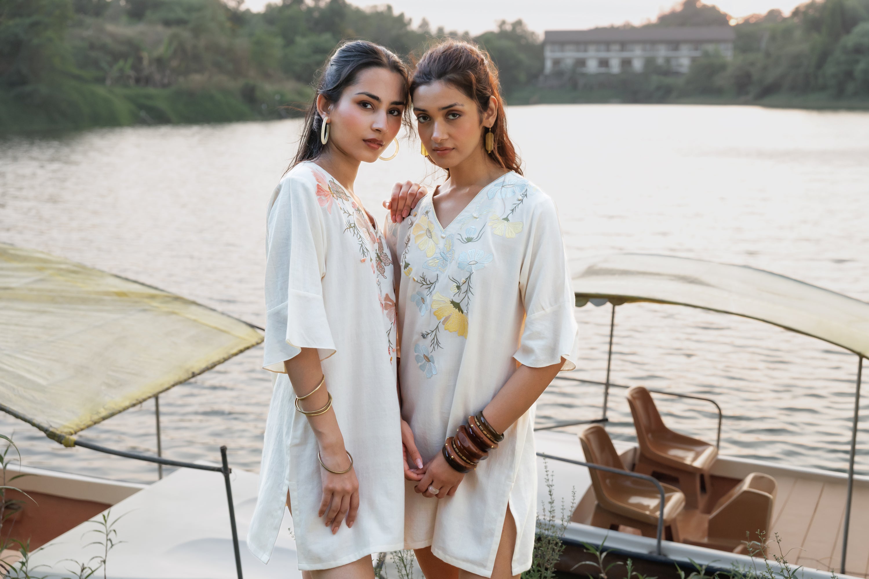 Orange floral Embroidered Short Kaftan Dress by Akashi Clothing with Cosmos by Akashi Clothing, Internal Tags Missing at Kamakhyaa India for sustainable fashion