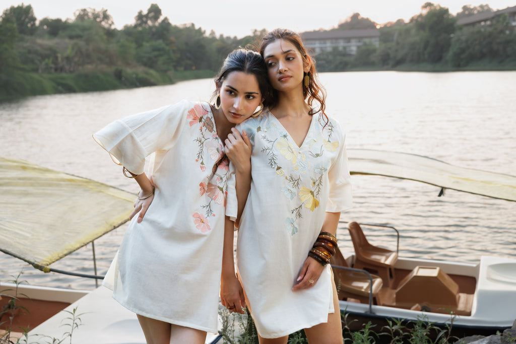 Orange floral Embroidered Short Kaftan Dress by Akashi Clothing with Cosmos by Akashi Clothing, Internal Tags Missing at Kamakhyaa India for sustainable fashion