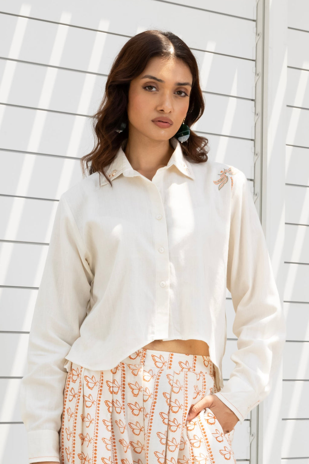 Butterfly Embroidered Cropped Shirt by Kamakhyaa India with Cosmos by Akashi Clothing, Internal Tags Missing at Kamakhyaa India for sustainable fashion