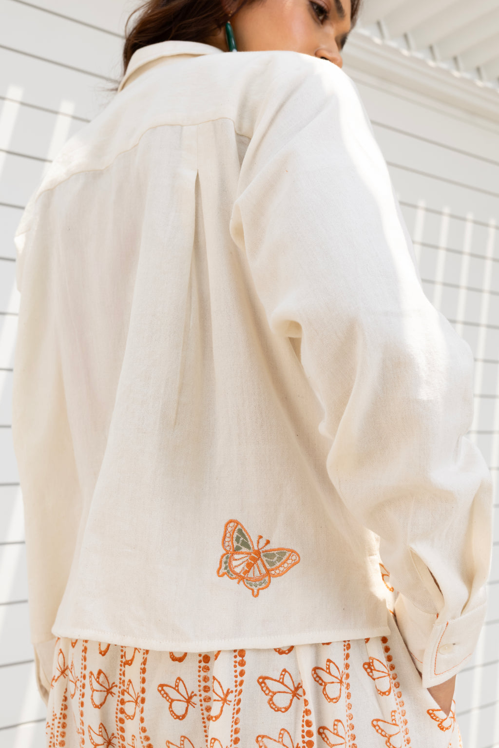 Butterfly Embroidered Cropped Shirt by Kamakhyaa India with Cosmos by Akashi Clothing, Internal Tags Missing at Kamakhyaa India for sustainable fashion